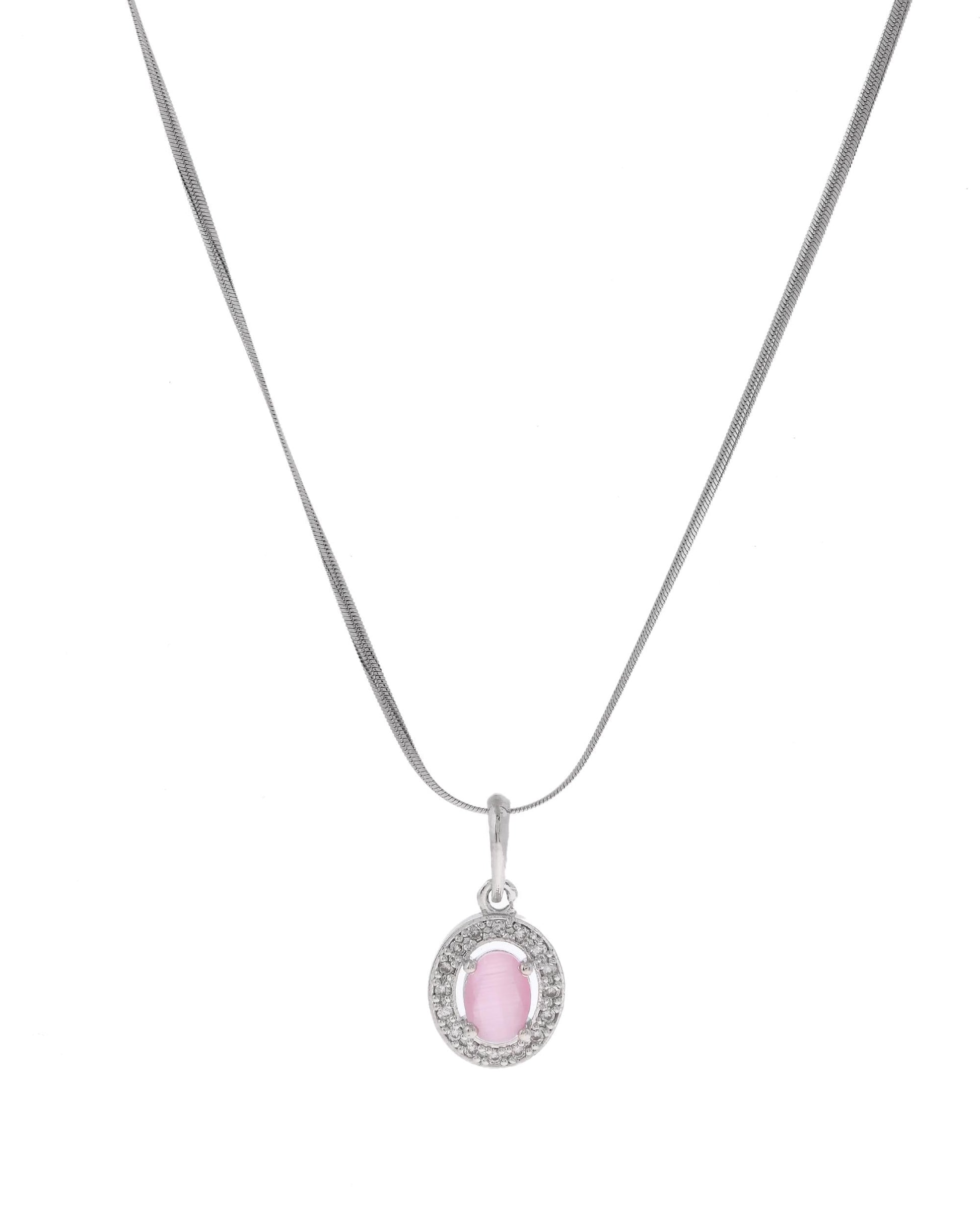VOJ Silver Plated Pink Ad-Studded Pendant With Chain And Earrings Set VOJ (Valley Of Jewellery)