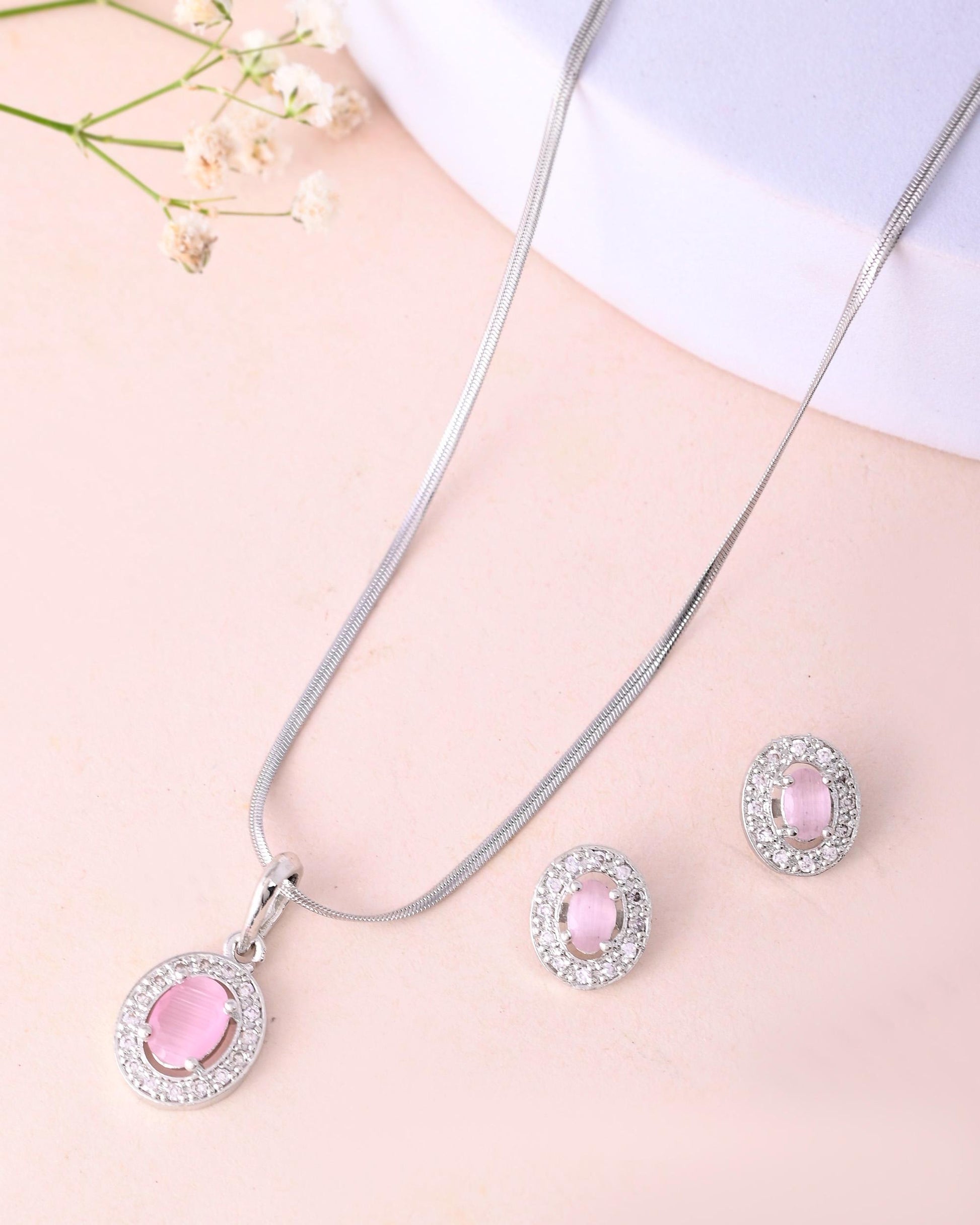 VOJ Silver Plated Pink Ad-Studded Pendant With Chain And Earrings Set VOJ (Valley Of Jewellery)