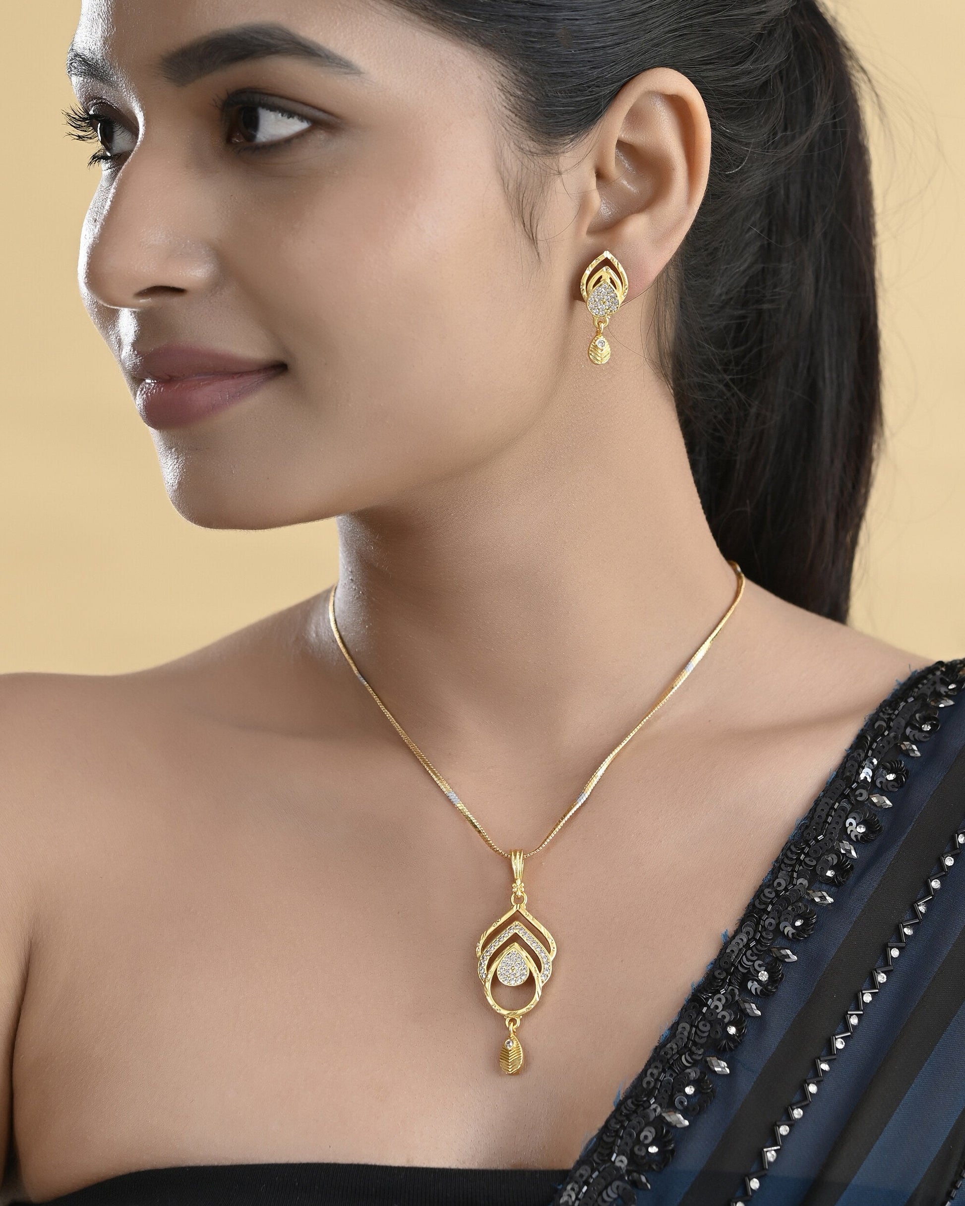 VOJ Gold-Polished AD Stone Studded Designer Chain Set 