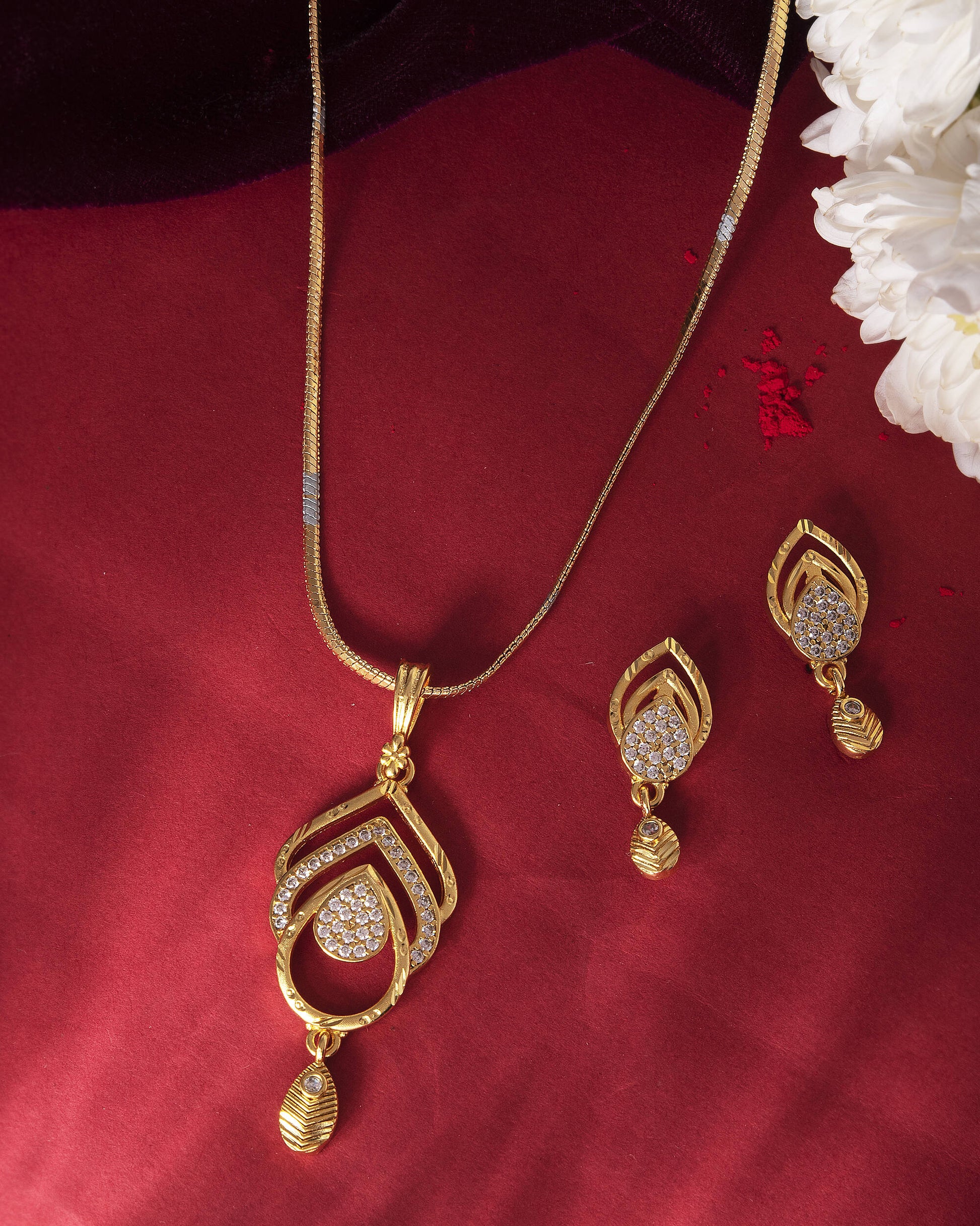 VOJ Gold-Polished AD Stone Studded Designer Chain Set 