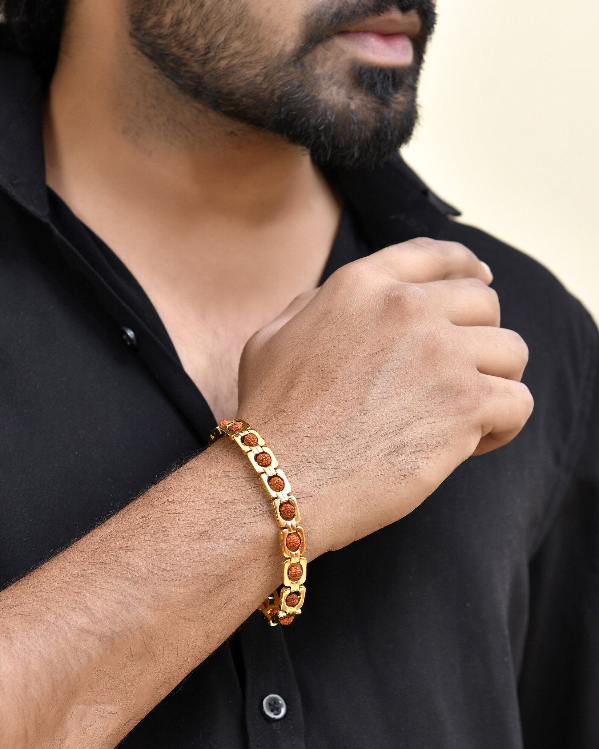 VOJ Men's Gold Toned Rudraksha Bracelet VOJ (Valley Of Jewellery)