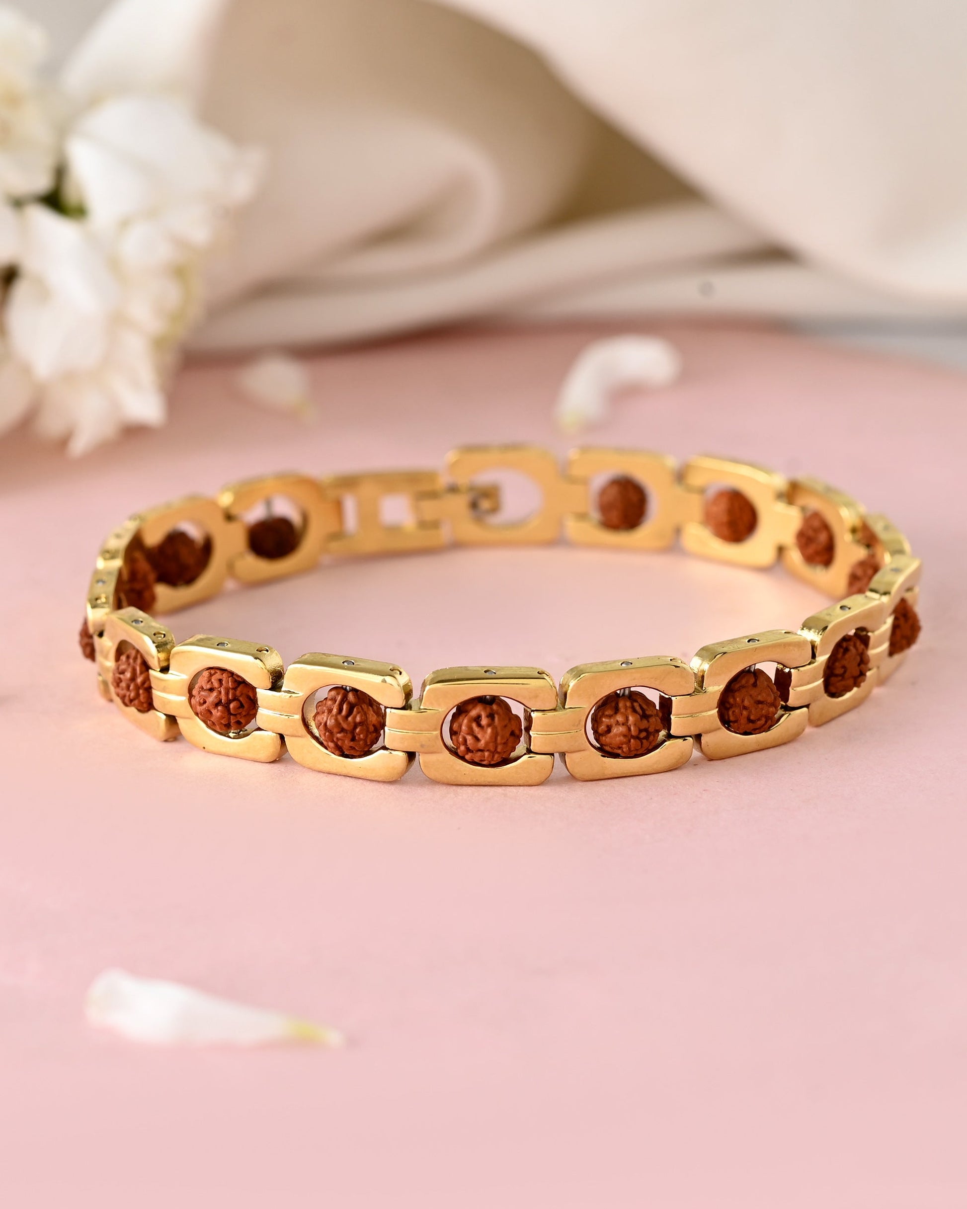 VOJ Men's Gold Toned Rudraksha Bracelet VOJ (Valley Of Jewellery)