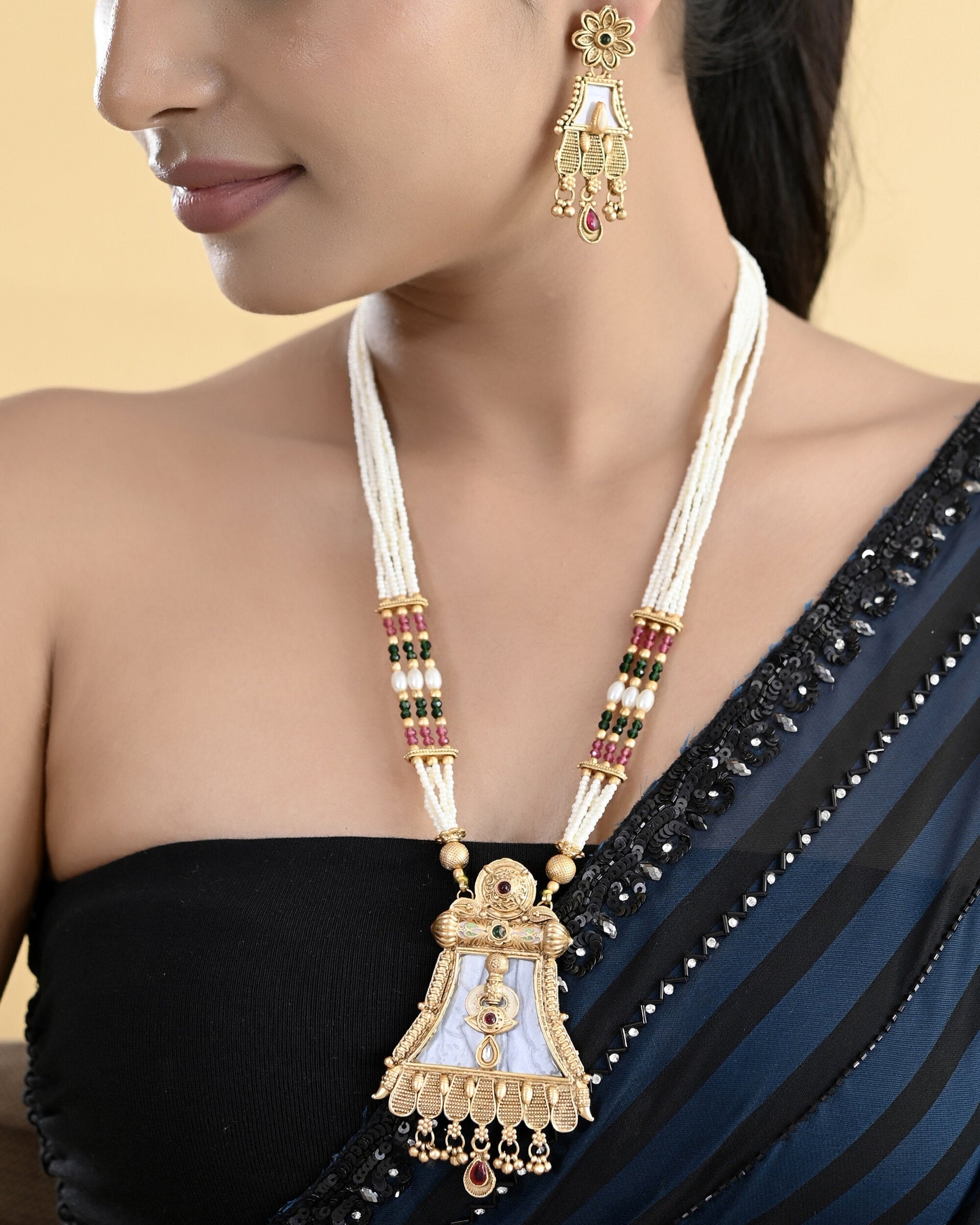 VOJ Gold-Polished Moon Stone Studded long Necklace With Earrings Set VOJ (Valley Of Jewellery)