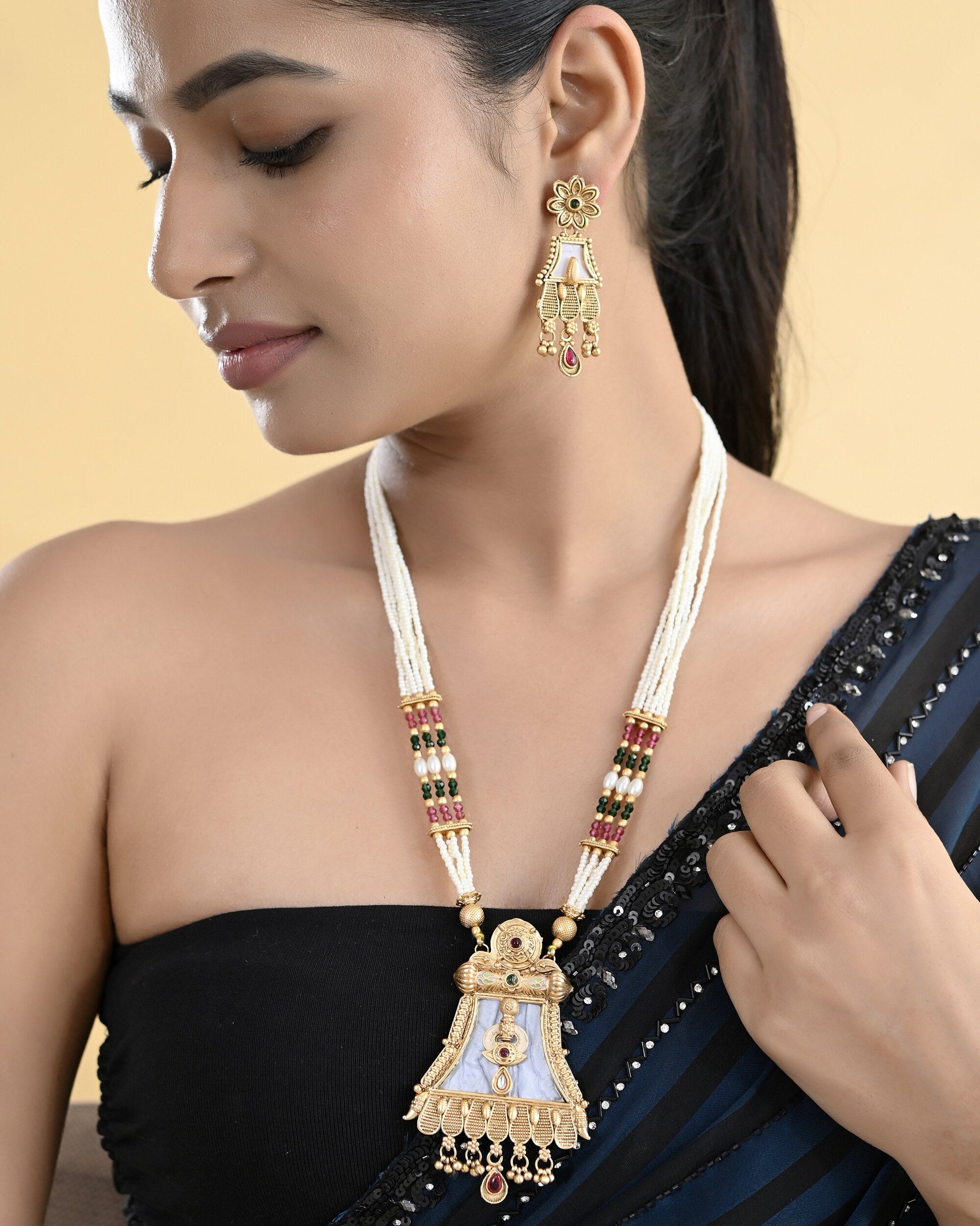 VOJ Gold-Polished Moon Stone Studded long Necklace With Earrings Set VOJ (Valley Of Jewellery)