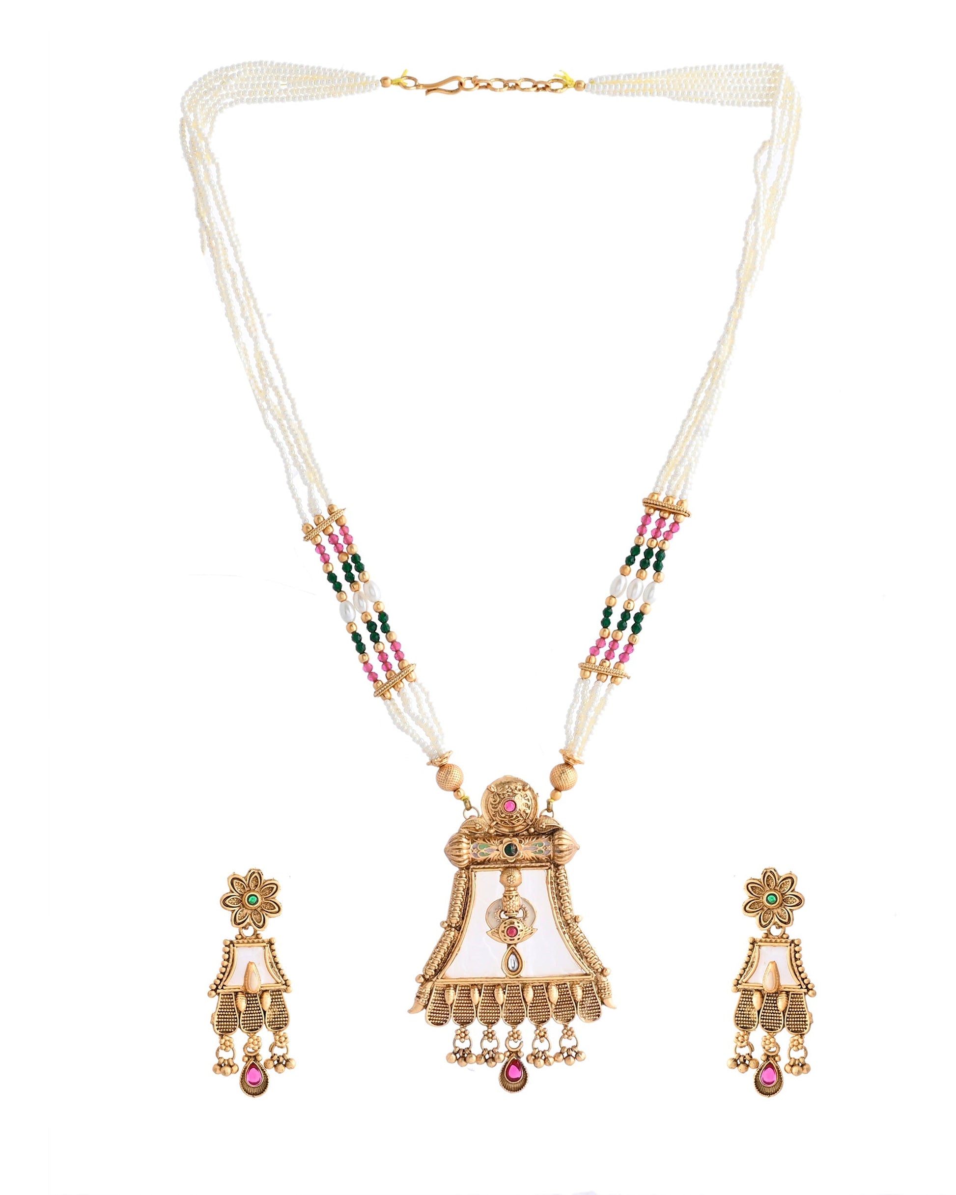 VOJ Gold-Polished Moon Stone Studded long Necklace With Earrings Set VOJ (Valley Of Jewellery)
