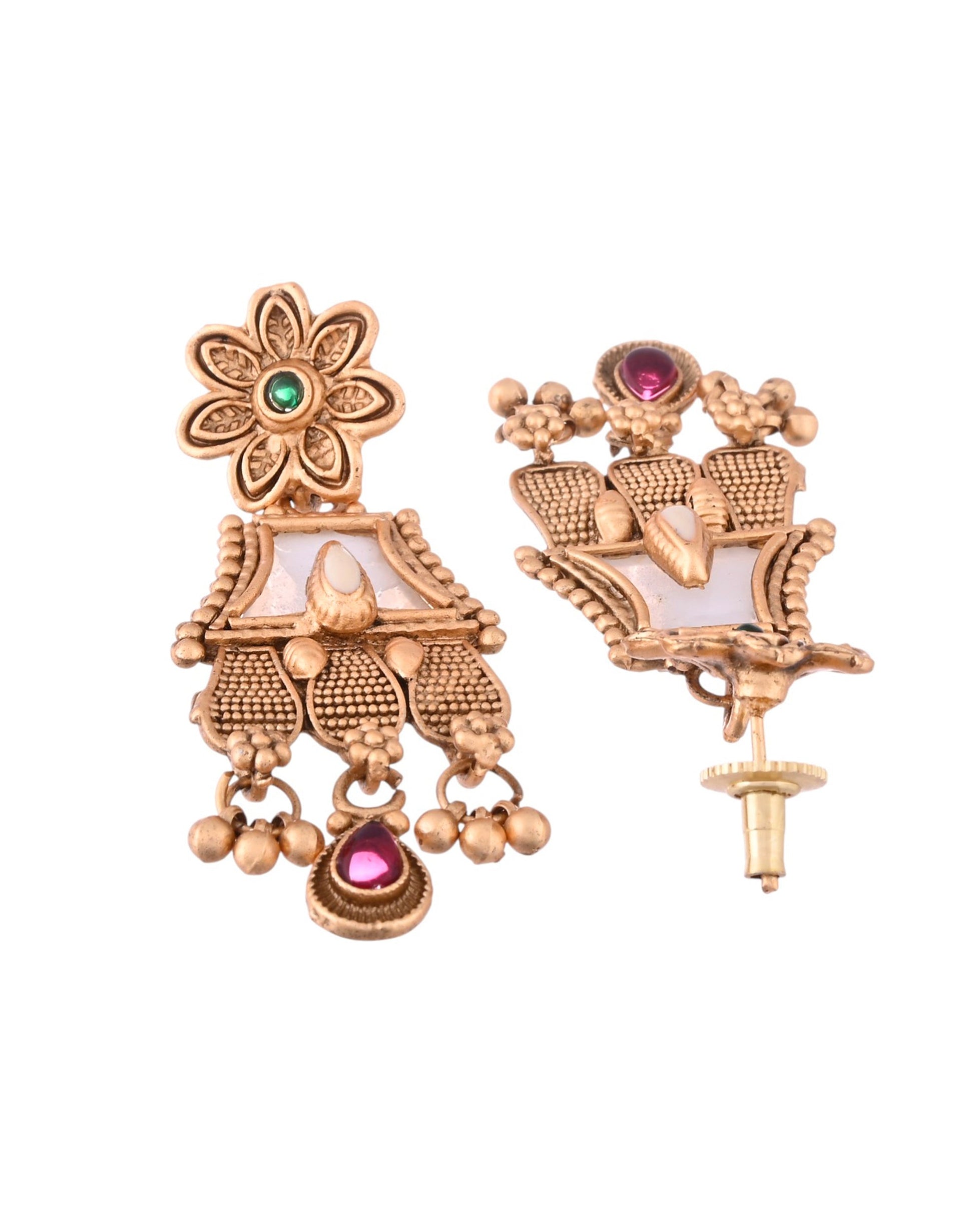 VOJ Gold-Polished Moon Stone Studded long Necklace With Earrings Set VOJ (Valley Of Jewellery)