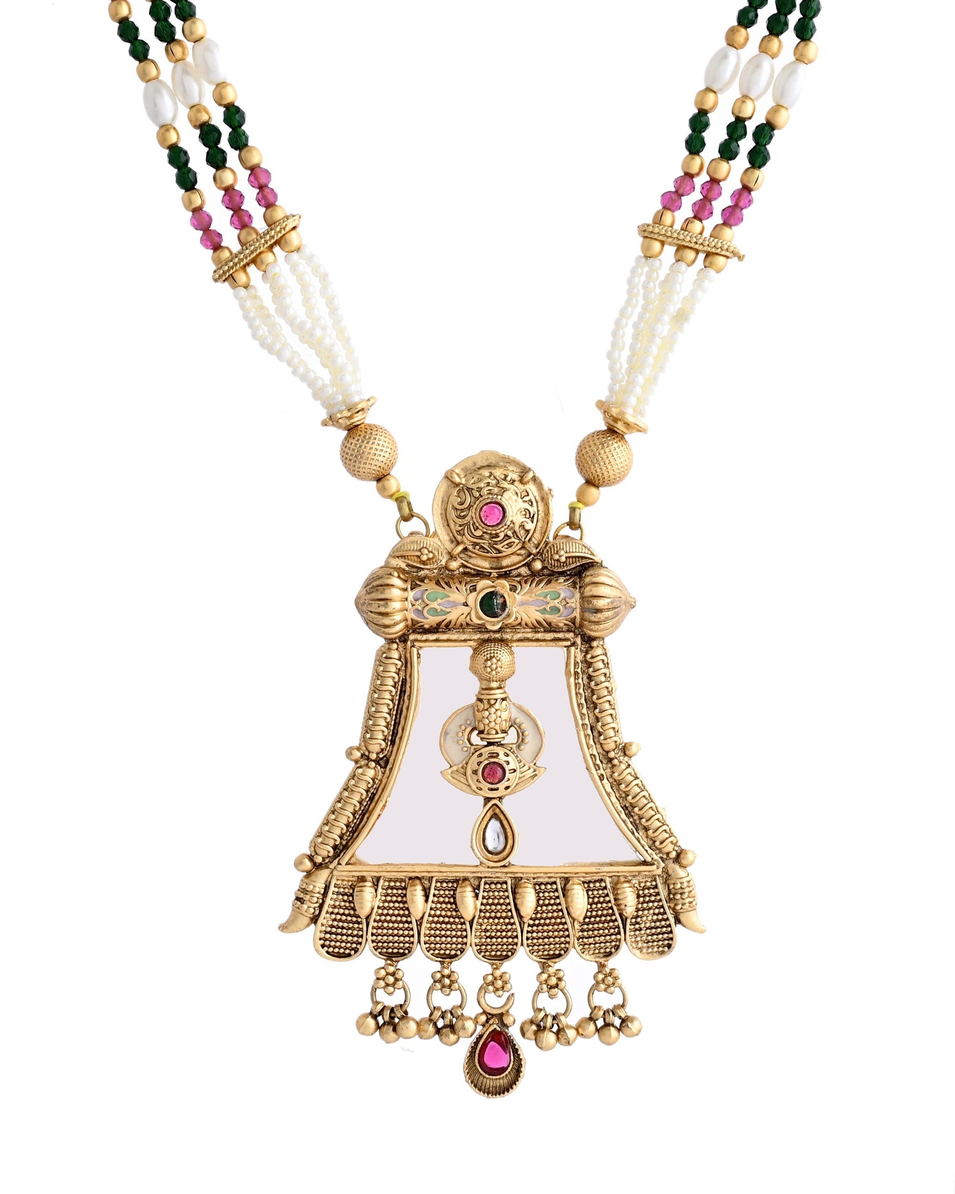 VOJ Gold-Polished Moon Stone Studded long Necklace With Earrings Set VOJ (Valley Of Jewellery)