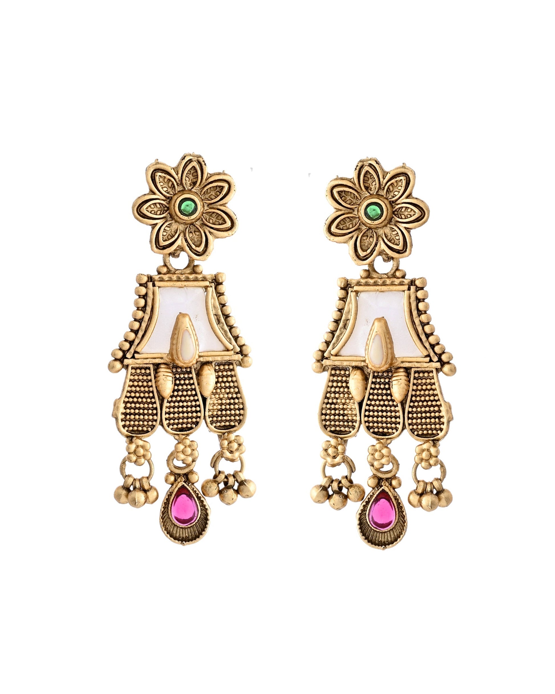 VOJ Gold-Polished Moon Stone Studded long Necklace With Earrings Set VOJ (Valley Of Jewellery)