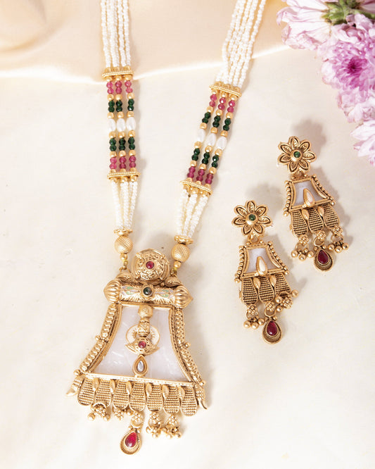 VOJ Gold-Polished Moon Stone Studded long Necklace With Earrings Set VOJ (Valley Of Jewellery)