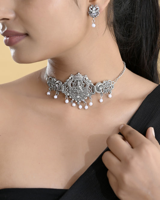 VOJ Silver Plated Oxidized Temple Jewellery Set VOJ (Valley Of Jewellery)