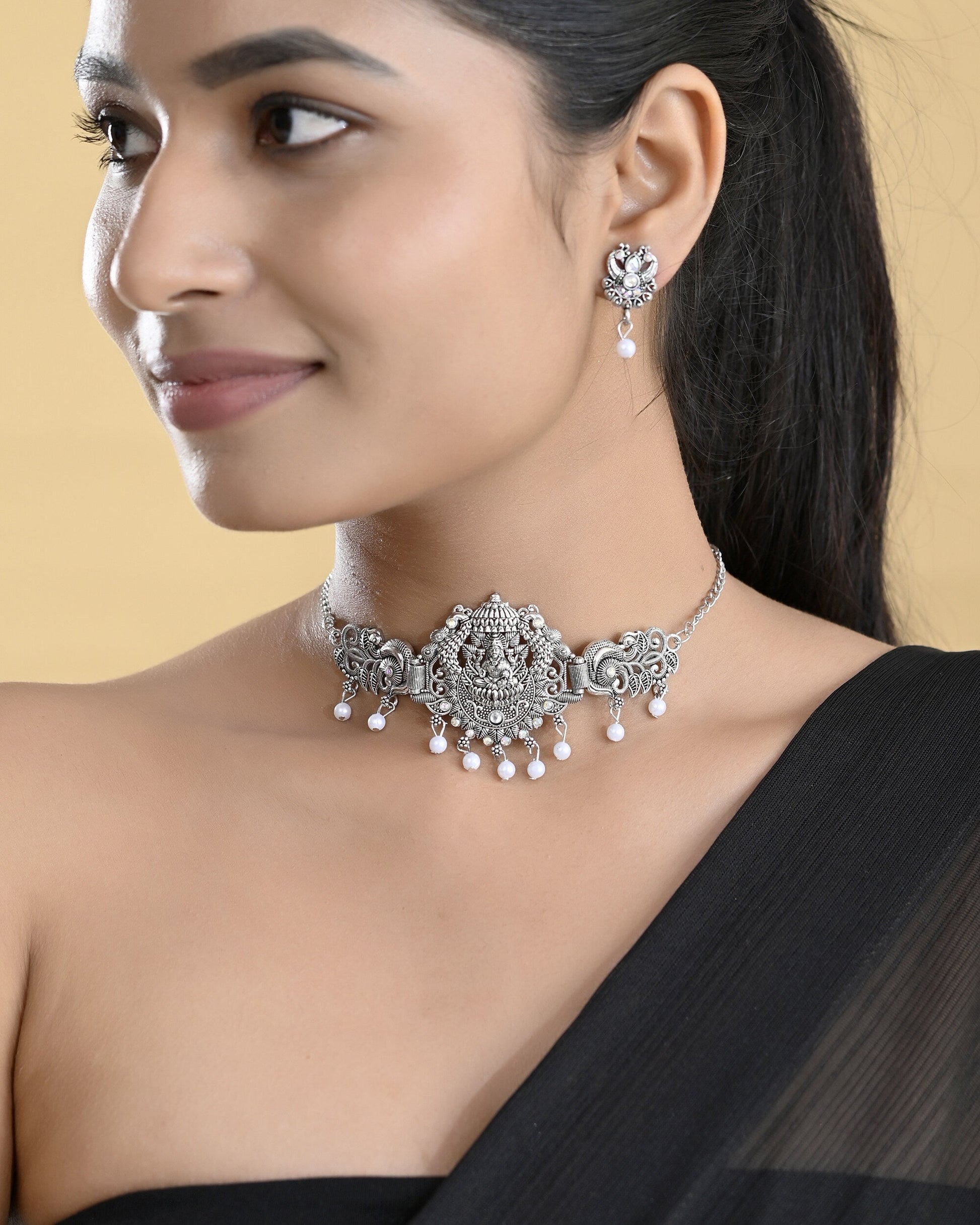 VOJ Silver Plated Oxidized Temple Jewellery Set VOJ (Valley Of Jewellery)