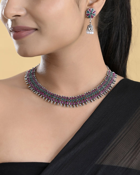 VOJ Silver Plated Oxidized Multi Color Stone Choker With Earrings Set VOJ (Valley Of Jewellery)