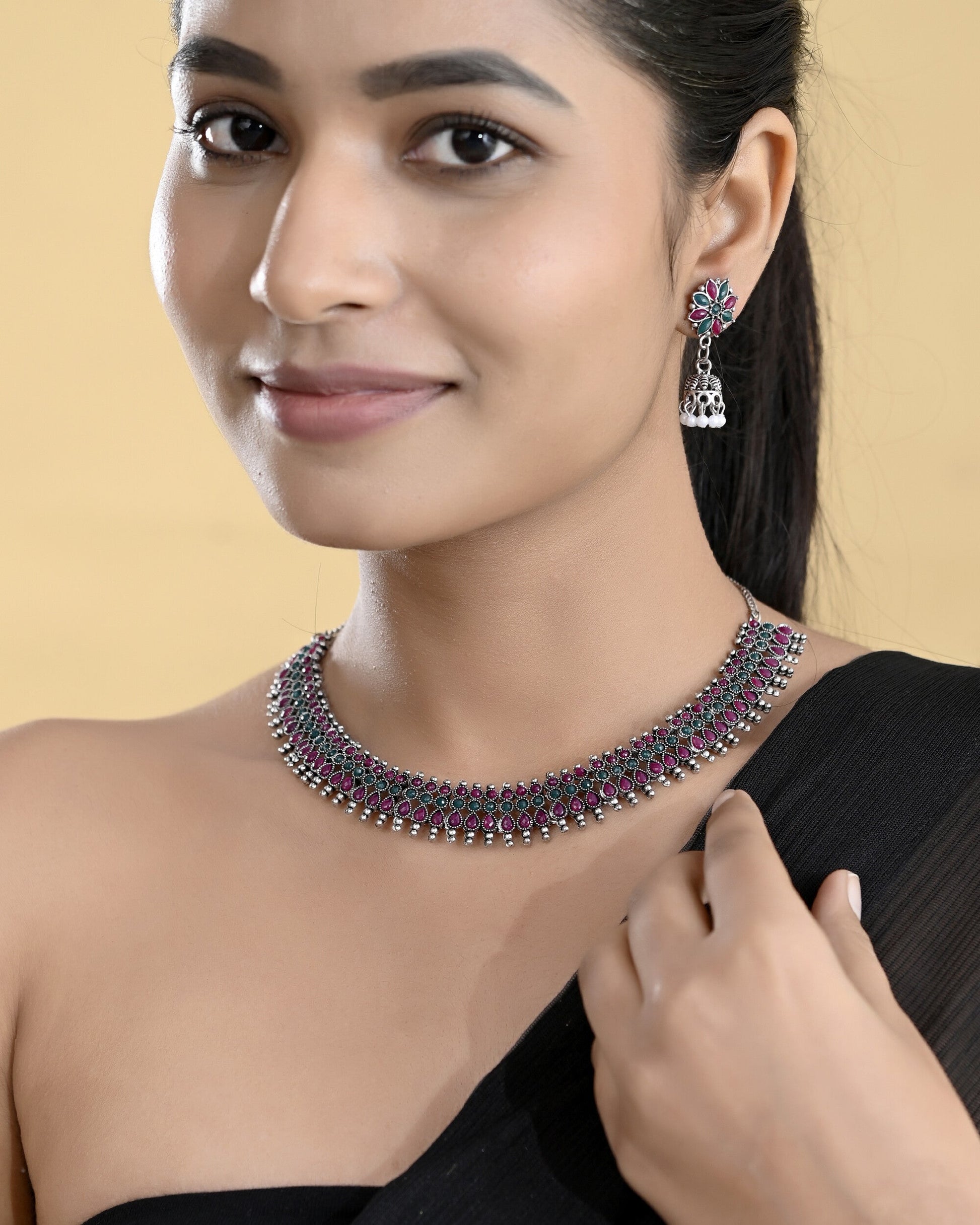 VOJ Silver Plated Oxidized Multi Color Stone Choker With Earrings Set VOJ (Valley Of Jewellery)