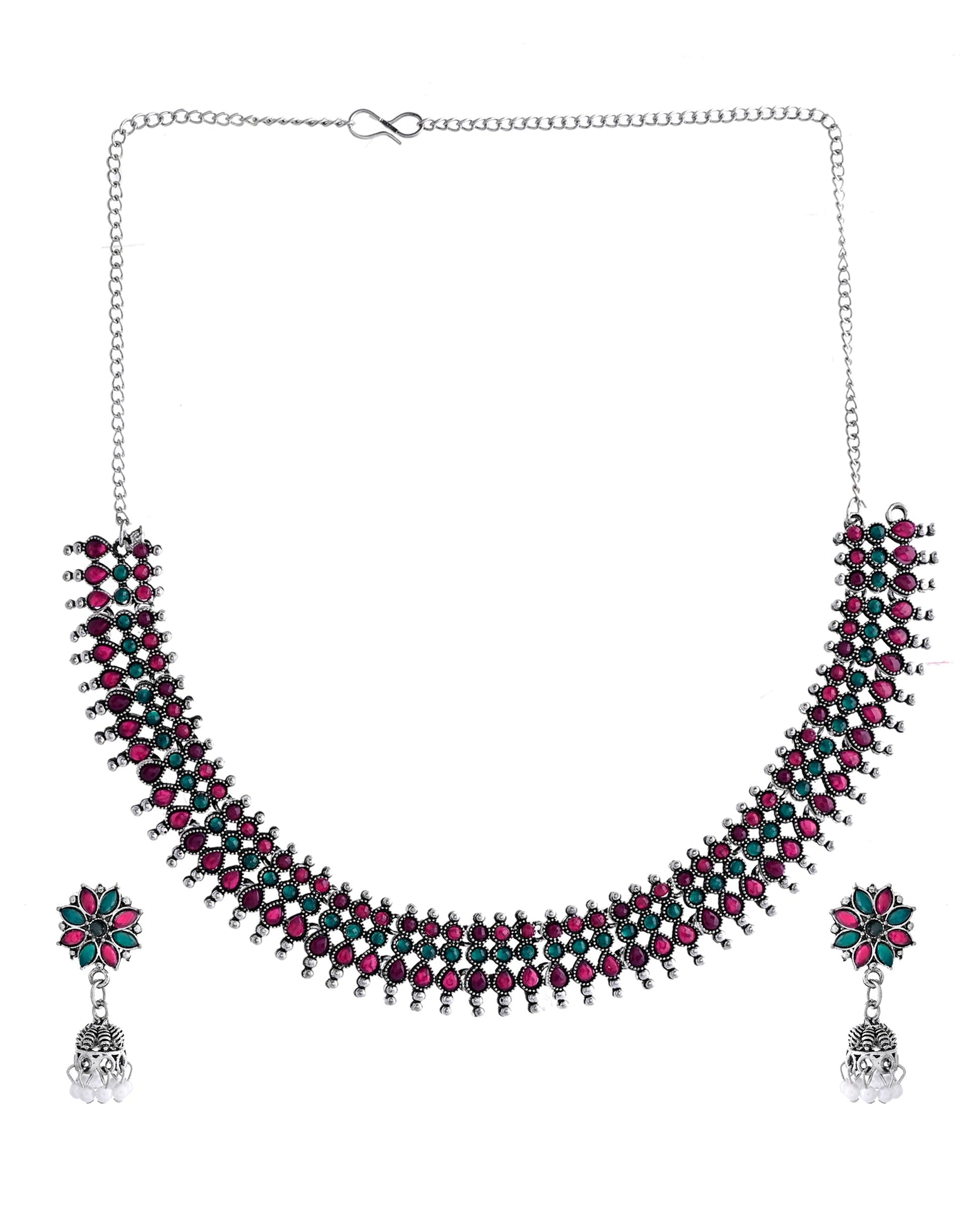 VOJ Silver Plated Oxidized Multi Color Stone Choker With Earrings Set VOJ (Valley Of Jewellery)