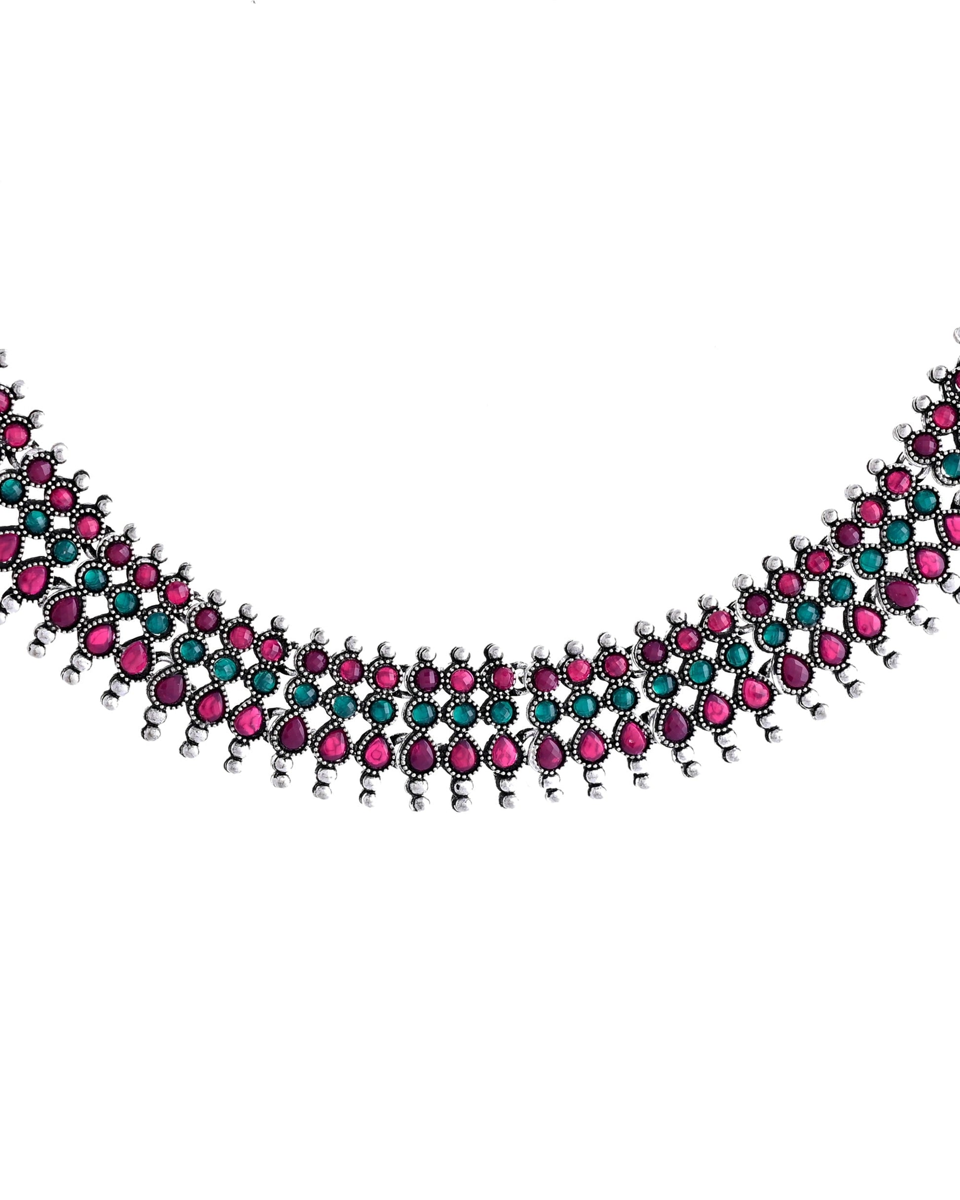 VOJ Silver Plated Oxidized Multi Color Stone Choker With Earrings Set VOJ (Valley Of Jewellery)