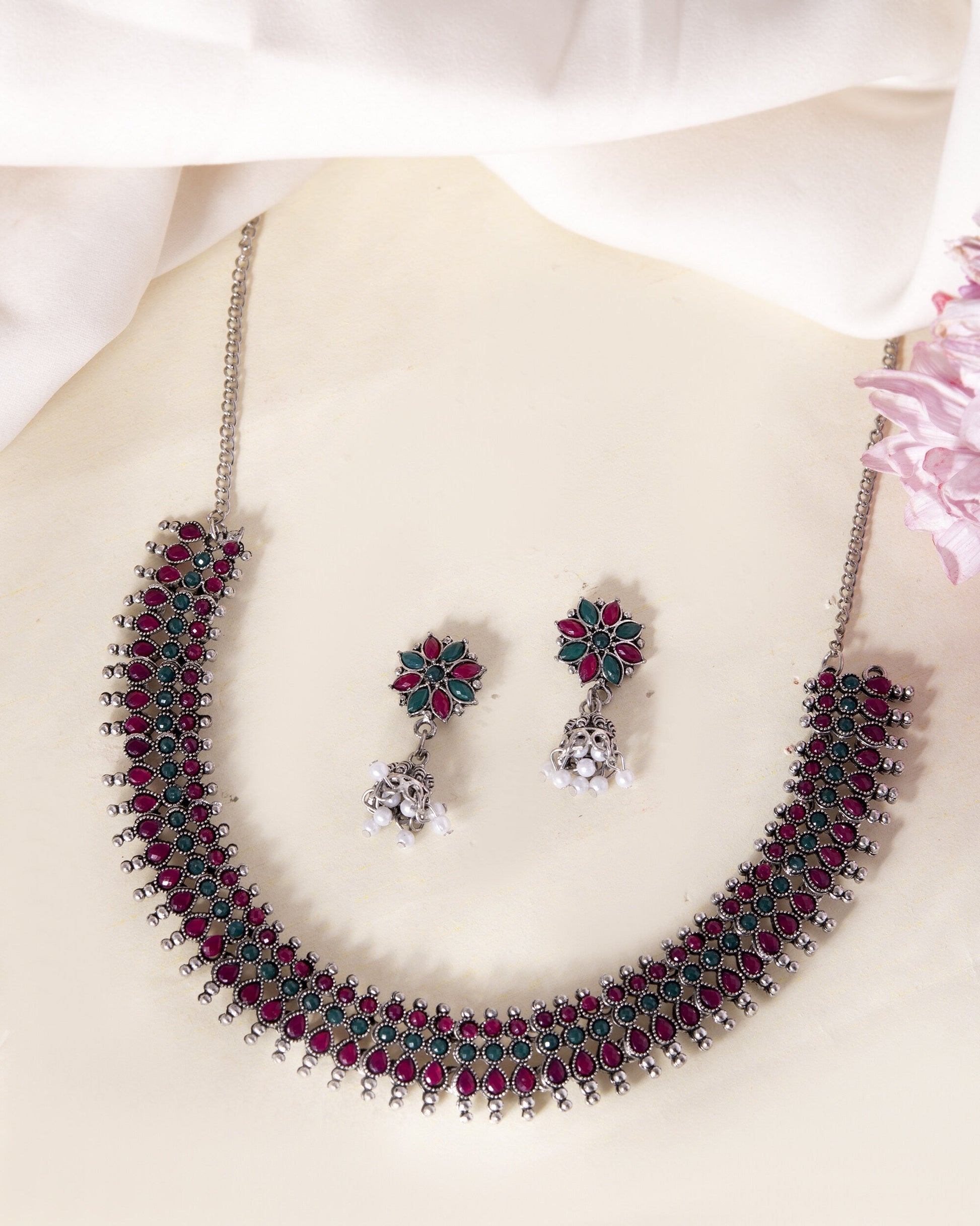 VOJ Silver Plated Oxidized Multi Color Stone Choker With Earrings Set VOJ (Valley Of Jewellery)