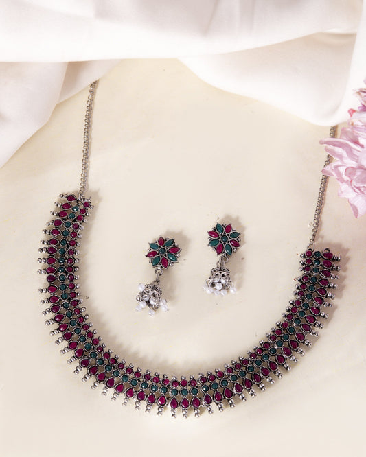 VOJ Silver Plated Oxidized Multi Color Stone Choker With Earrings Set VOJ (Valley Of Jewellery)