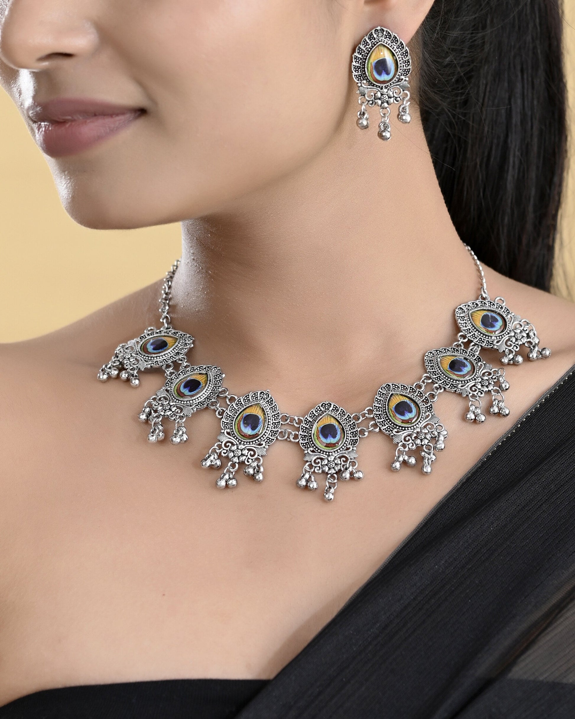 VOJ Silver Toned Peacock Printed Choker Necklace With Earrings Set VOJ (Valley Of Jewellery)