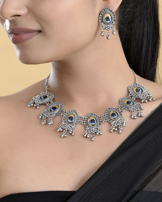VOJ Silver Toned Peacock Printed Choker Necklace With Earrings Set VOJ (Valley Of Jewellery)