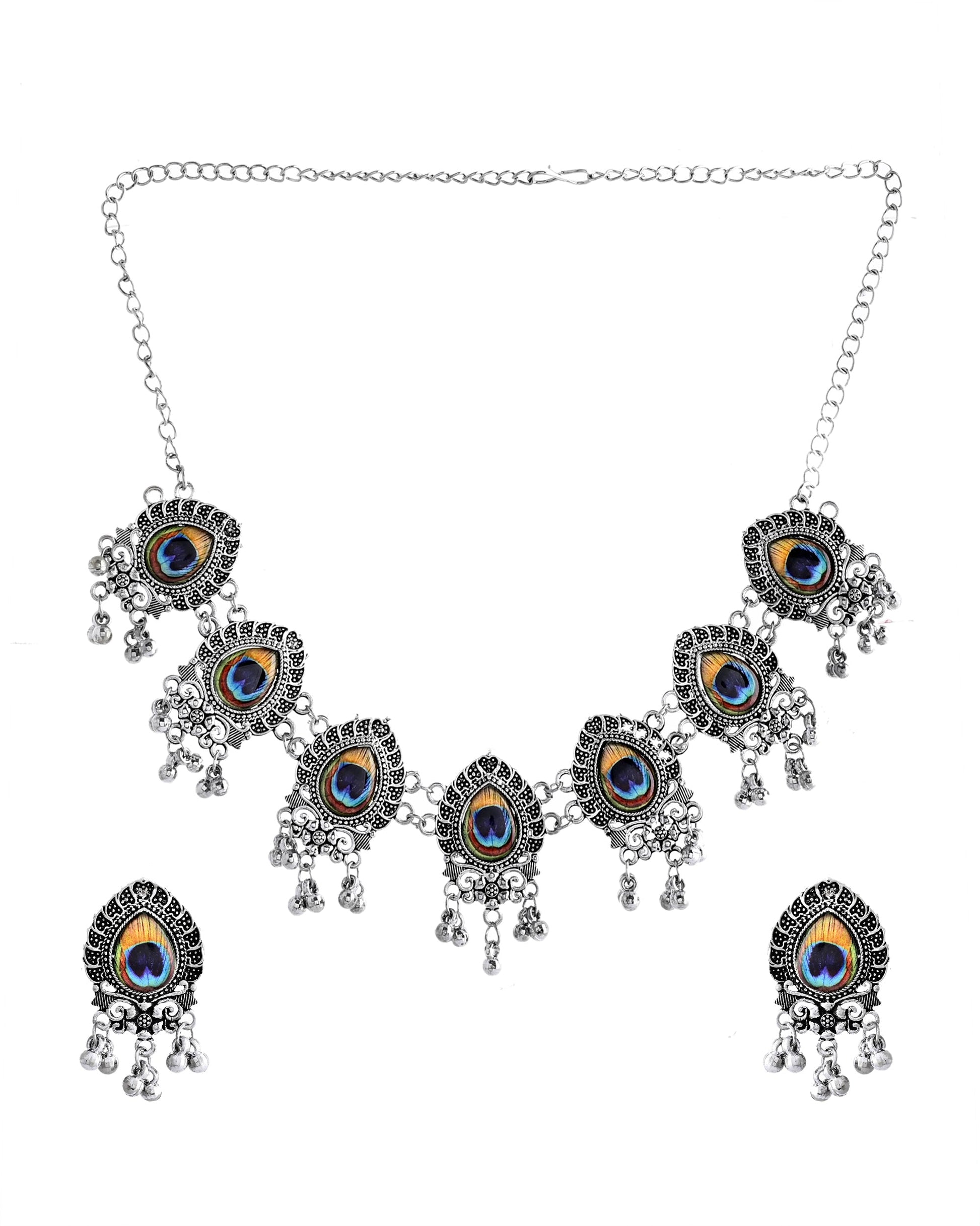 VOJ Silver Toned Peacock Printed Choker Necklace With Earrings Set VOJ (Valley Of Jewellery)