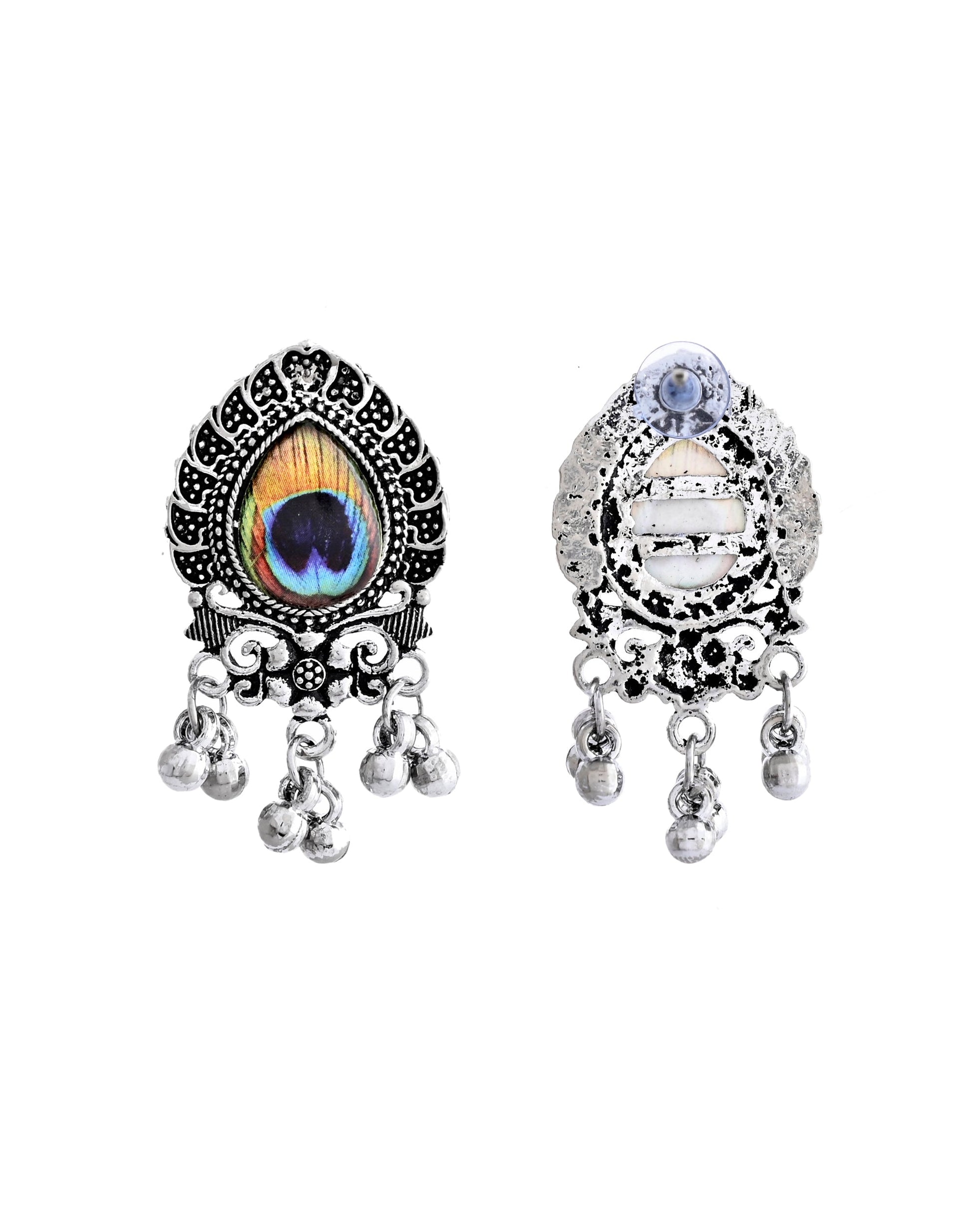 VOJ Silver Toned Peacock Printed Choker Necklace With Earrings Set VOJ (Valley Of Jewellery)