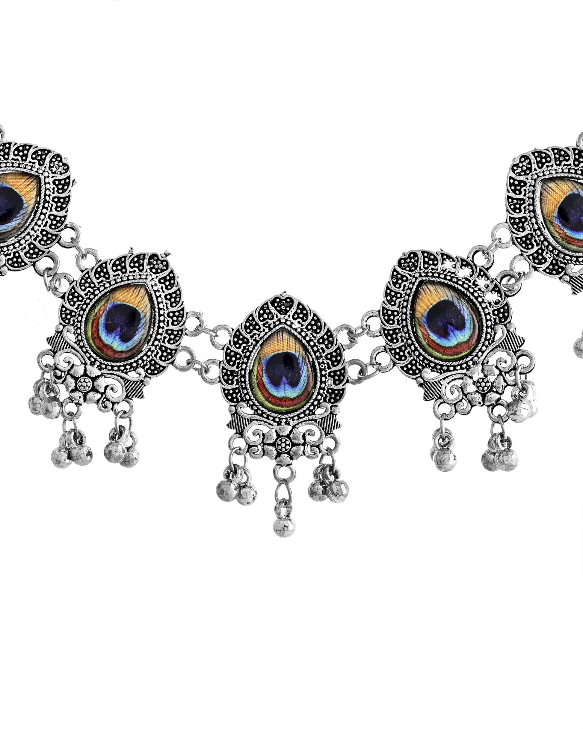 VOJ Silver Toned Peacock Printed Choker Necklace With Earrings Set VOJ (Valley Of Jewellery)