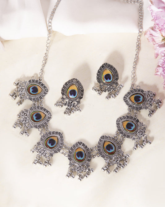 VOJ Silver Toned Peacock Printed Choker Necklace With Earrings Set VOJ (Valley Of Jewellery)