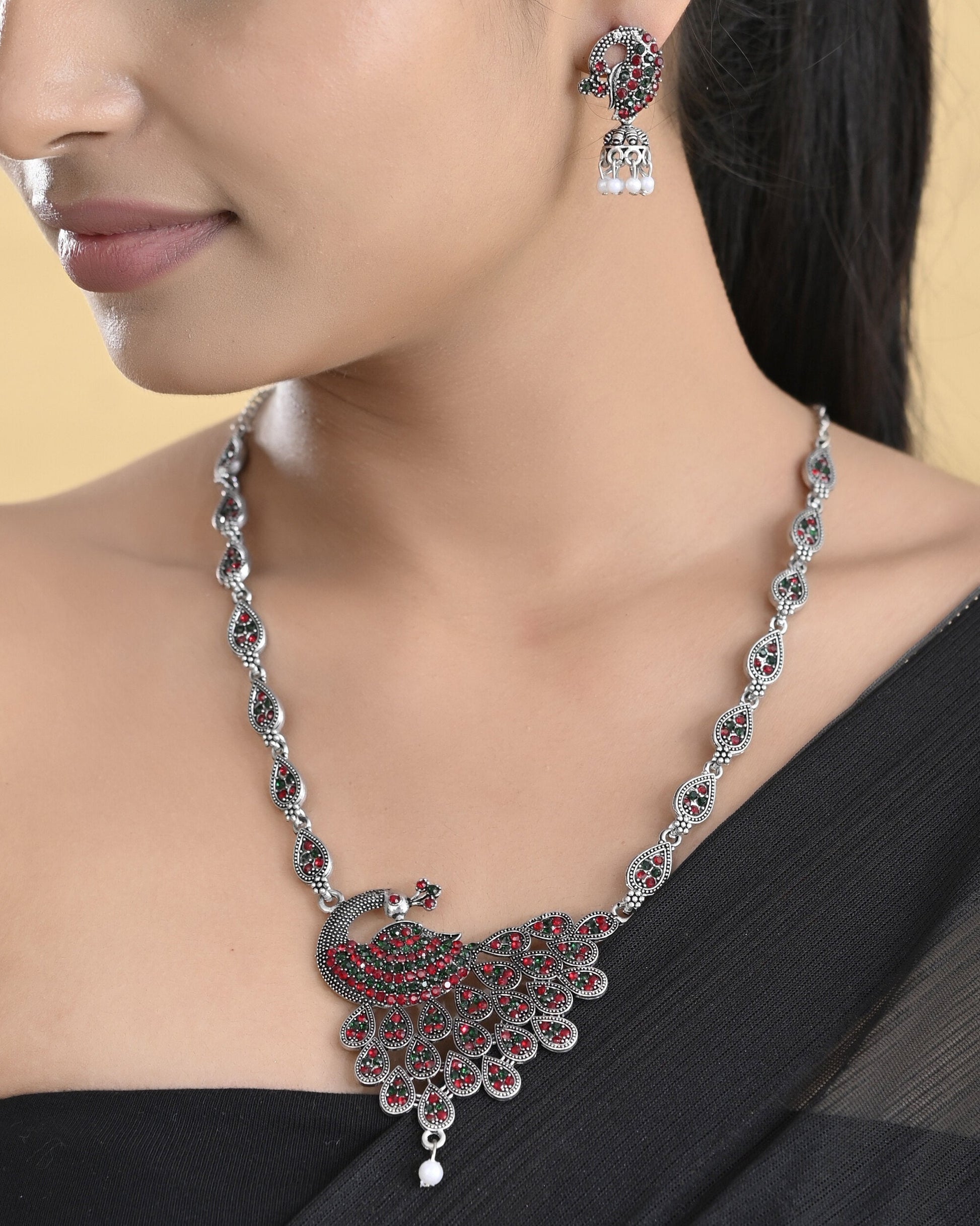 VOJ Silver Plated Peacock Shaped Multi Color Stone Studded Jewellery Set VOJ (Valley Of Jewellery)
