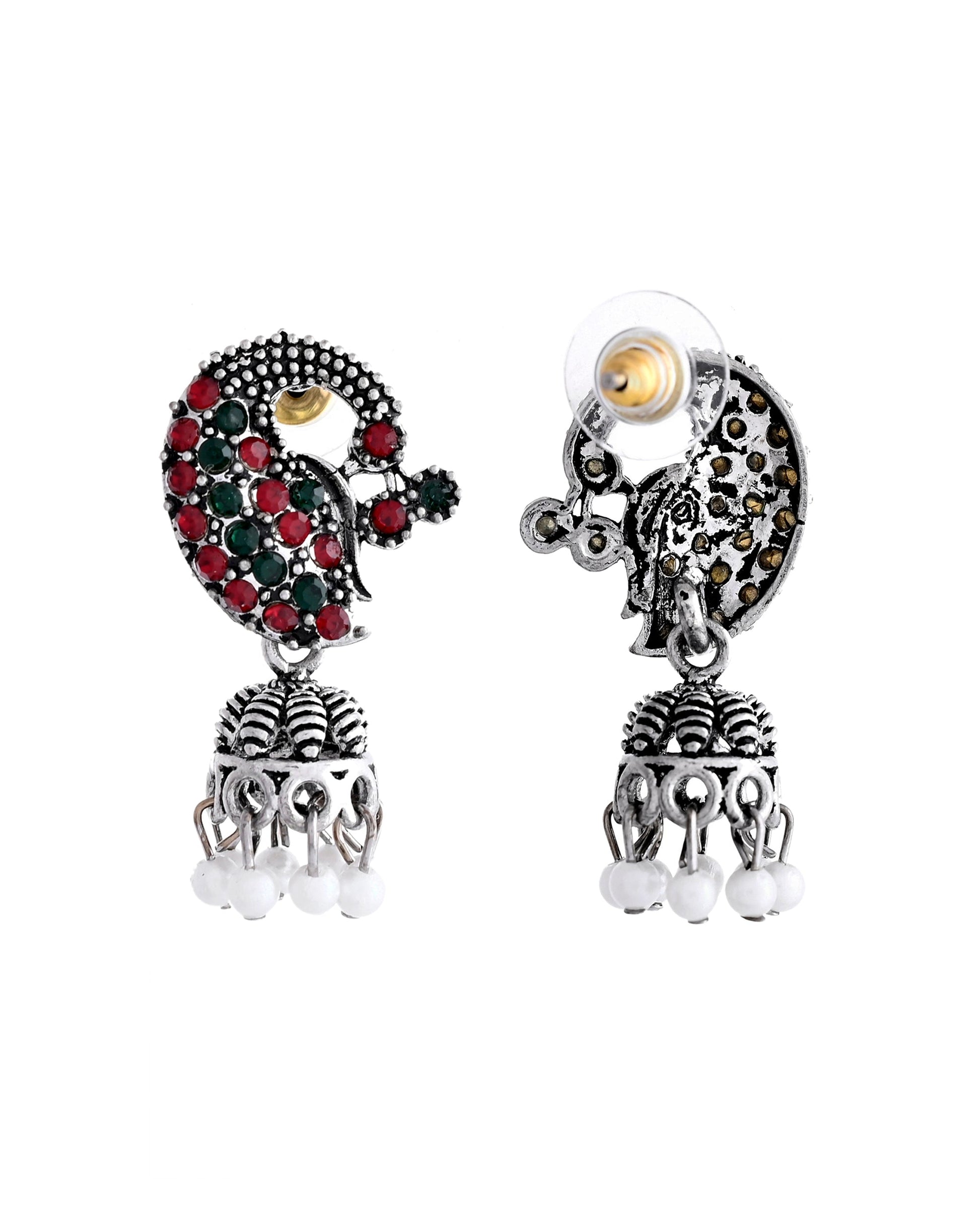 VOJ Silver Plated Peacock Shaped Multi Color Stone Studded Jewellery Set VOJ (Valley Of Jewellery)