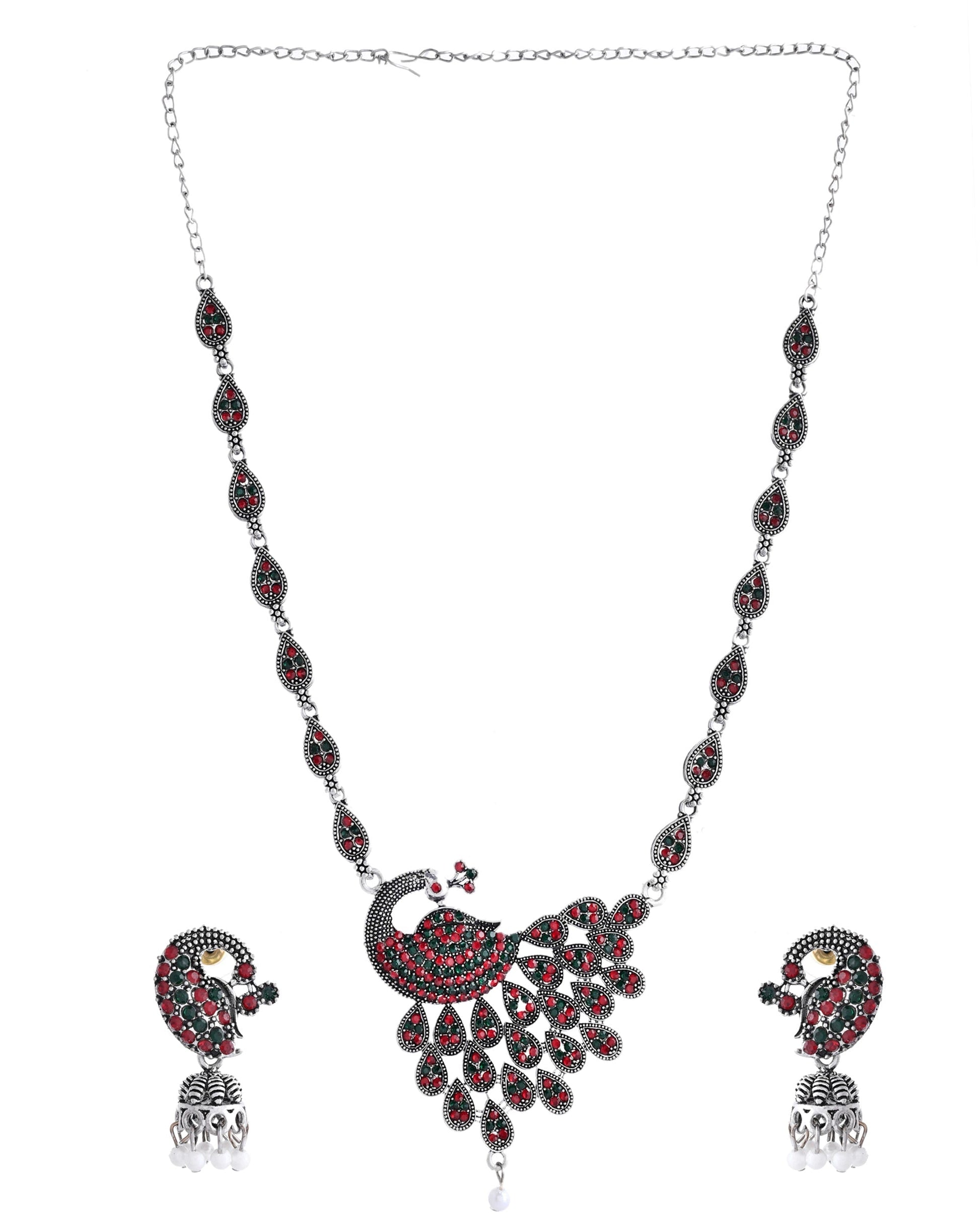 VOJ Silver Plated Peacock Shaped Multi Color Stone Studded Jewellery Set - Swadesiicart