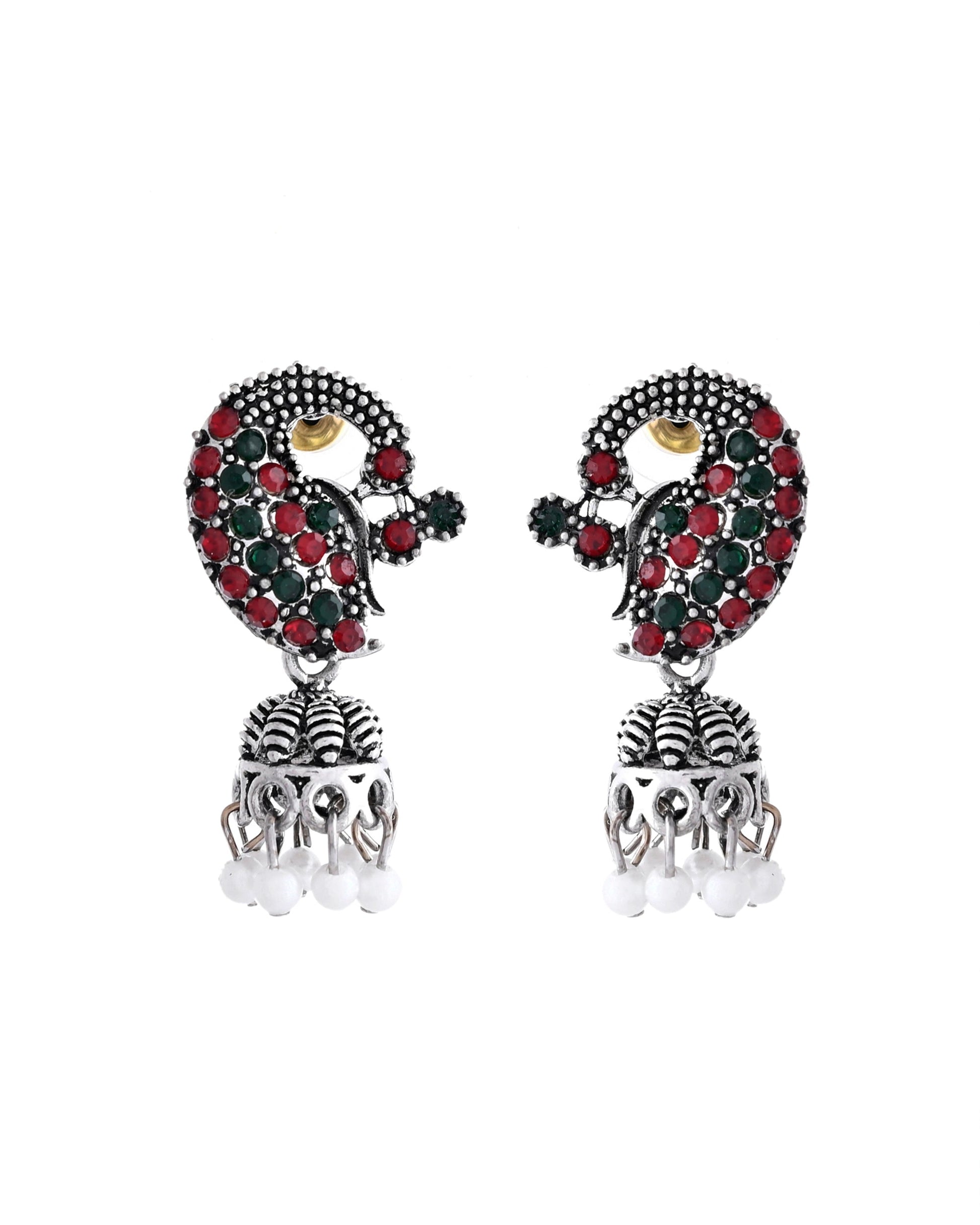 VOJ Silver Plated Peacock Shaped Multi Color Stone Studded Jewellery Set VOJ (Valley Of Jewellery)