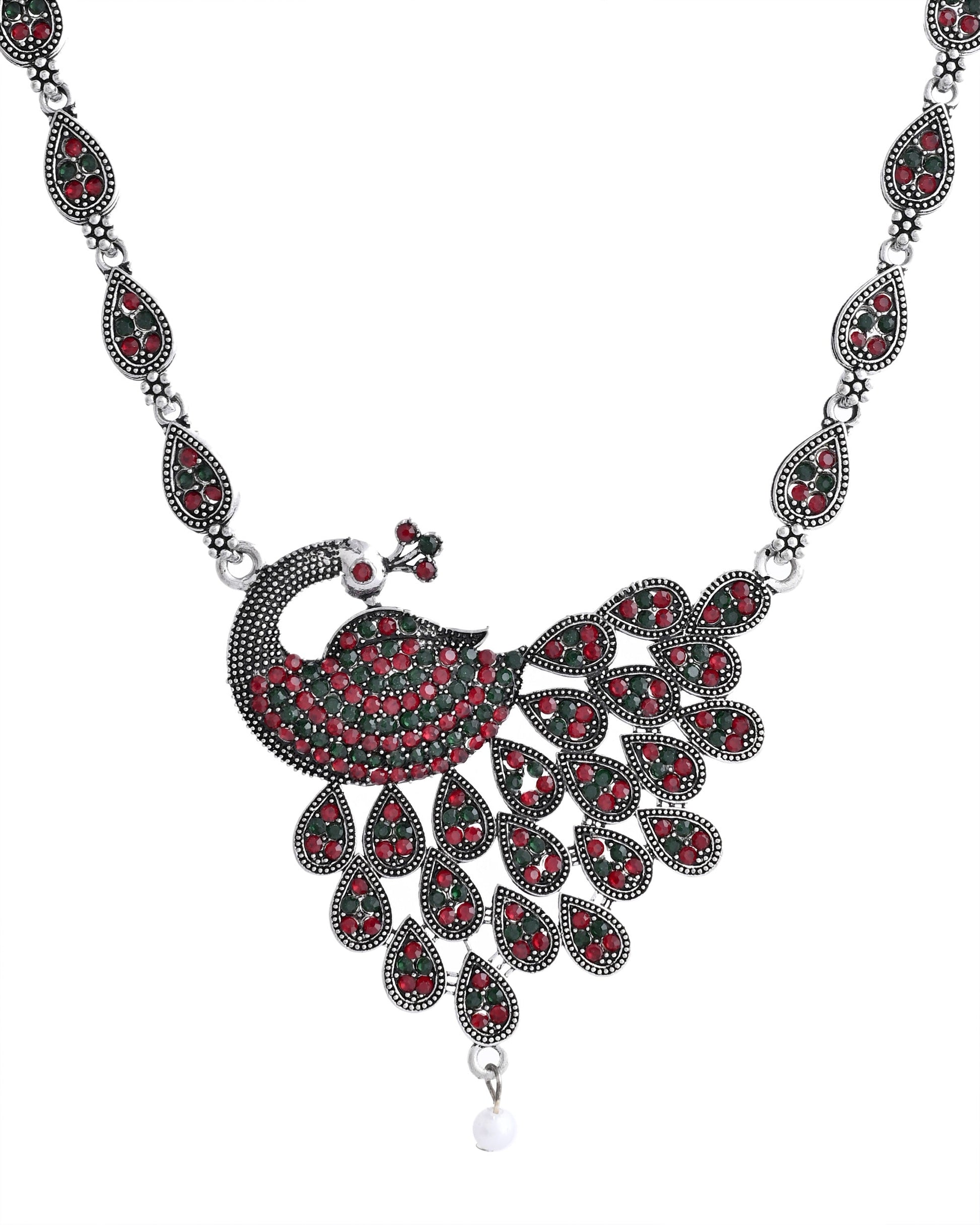 VOJ Silver Plated Peacock Shaped Multi Color Stone Studded Jewellery Set VOJ (Valley Of Jewellery)