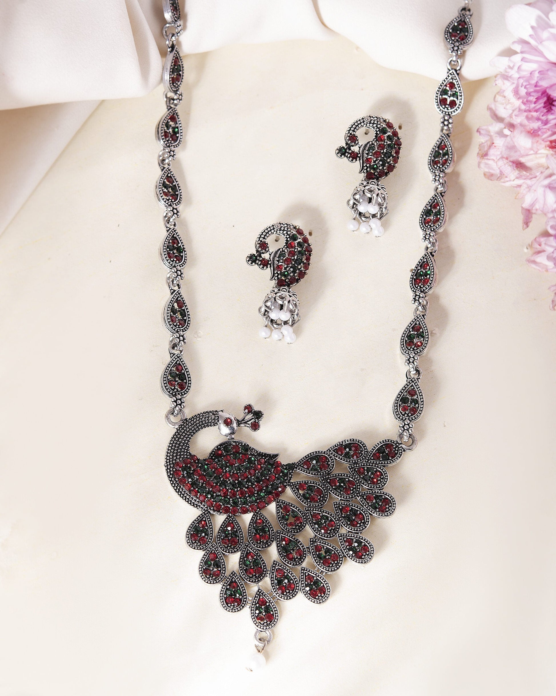VOJ Silver Plated Peacock Shaped Multi Color Stone Studded Jewellery Set - Swadesiicart