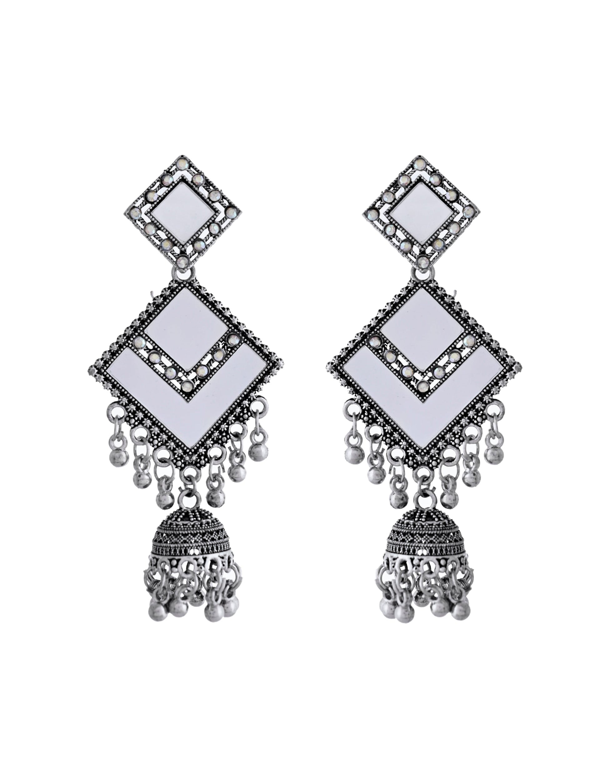 VOJ Silver Plated Mirror Studded Square Shaped Earrings VOJ (Valley Of Jewellery)