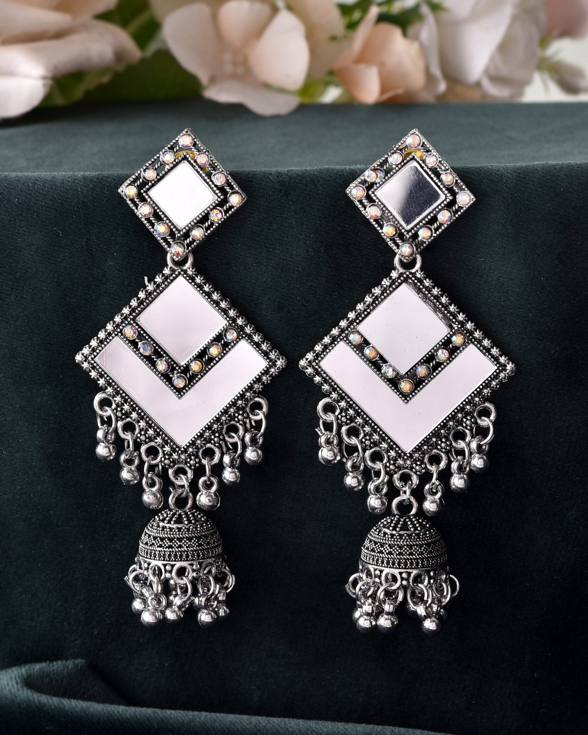VOJ Silver Plated Mirror Studded Square Shaped Earrings VOJ (Valley Of Jewellery)