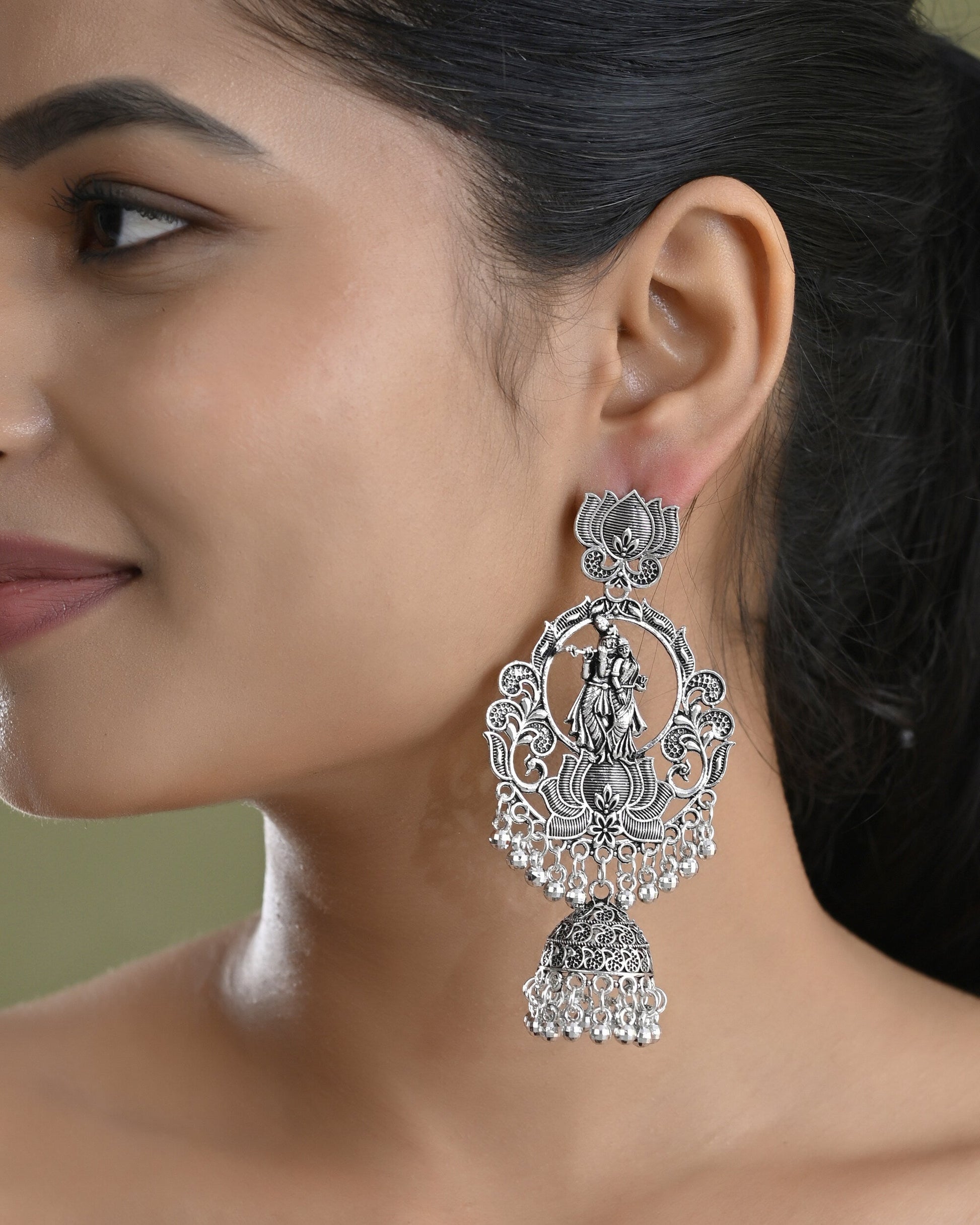 VOJ Silver Plated Radha Krishna Shaped Oxidized Earrings VOJ (Valley Of Jewellery)