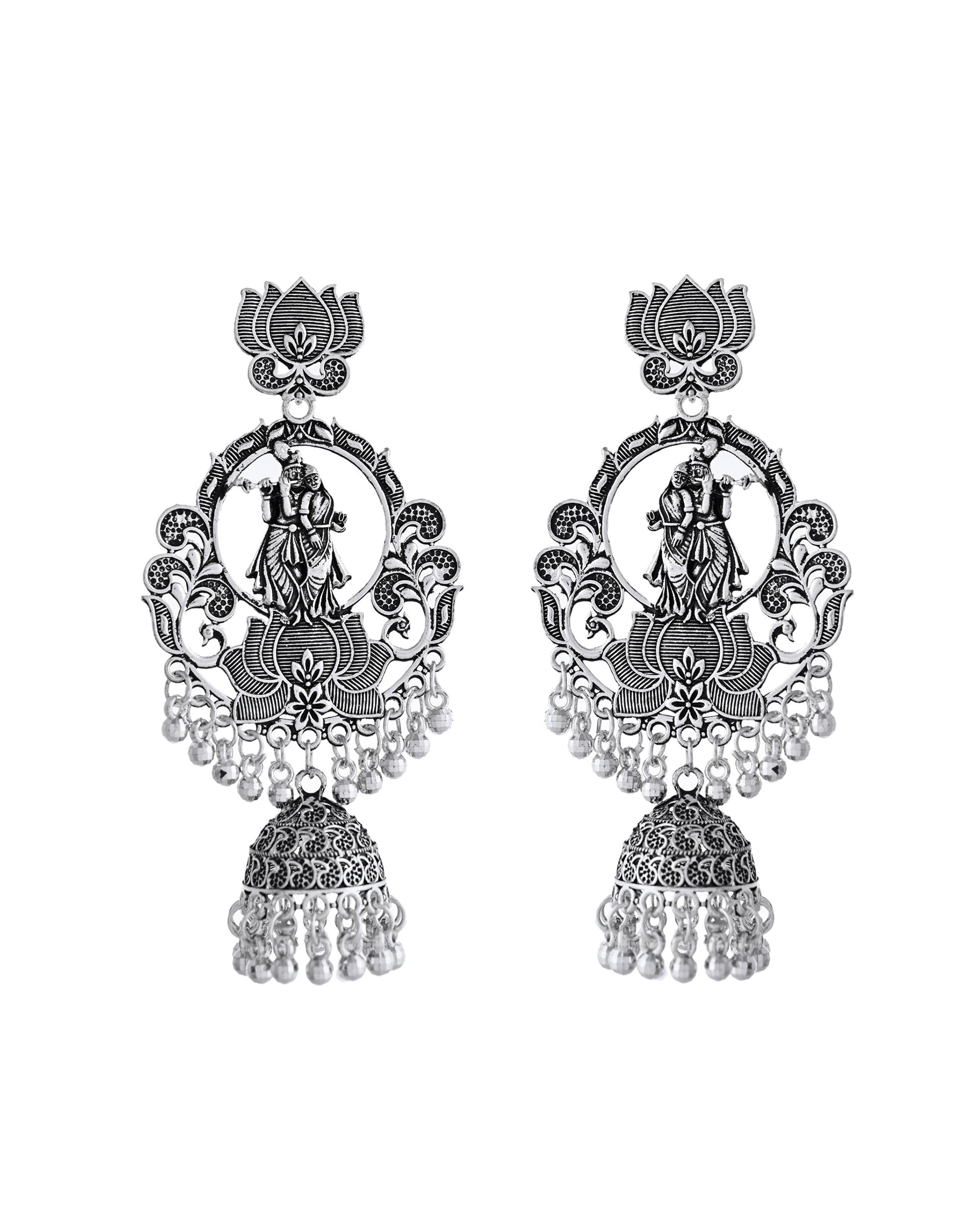 VOJ Silver Plated Radha Krishna Shaped Oxidized Earrings VOJ (Valley Of Jewellery)