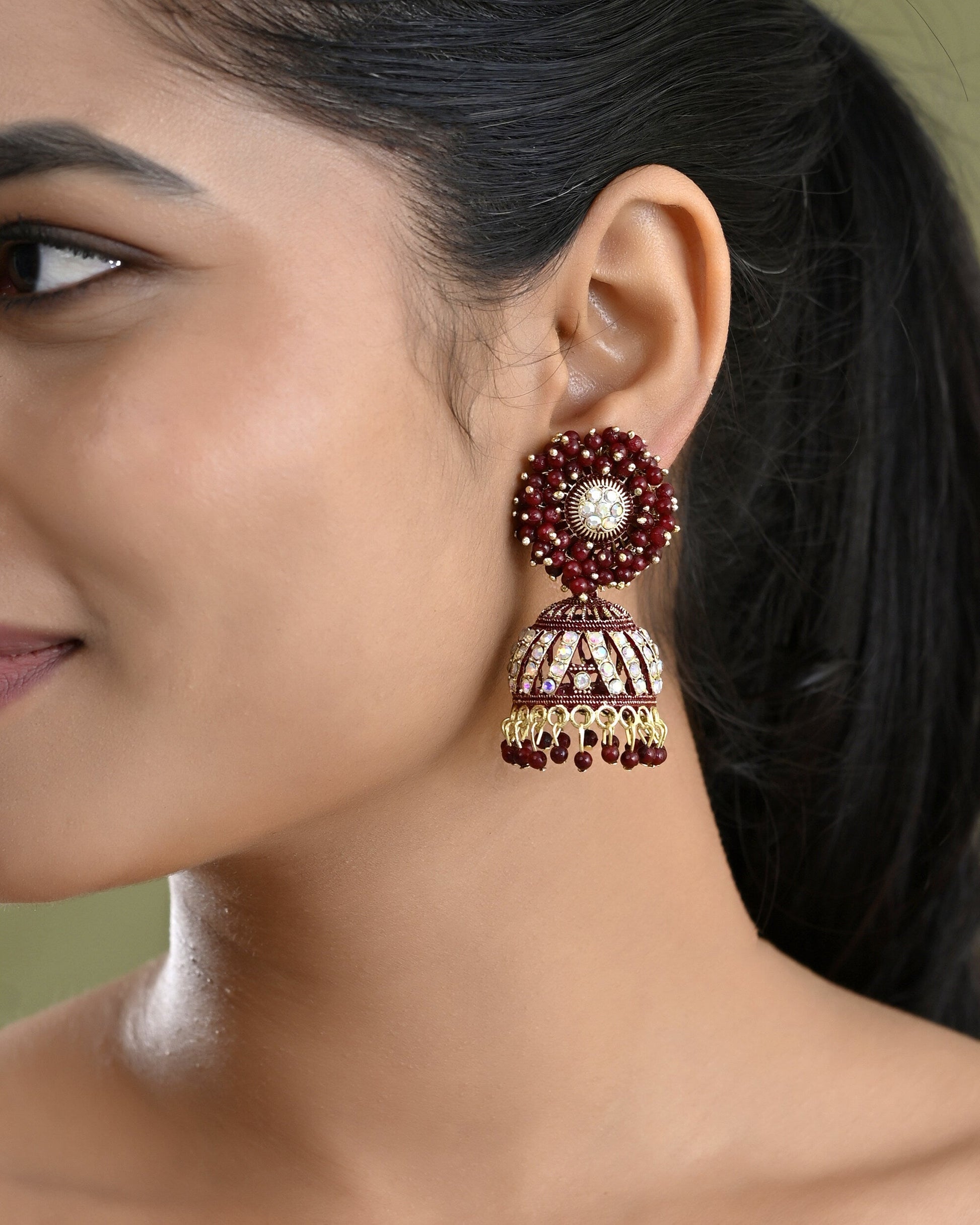 VOJ Marron Beads And Stone Studded Jhumka Earrings VOJ (Valley Of Jewellery)