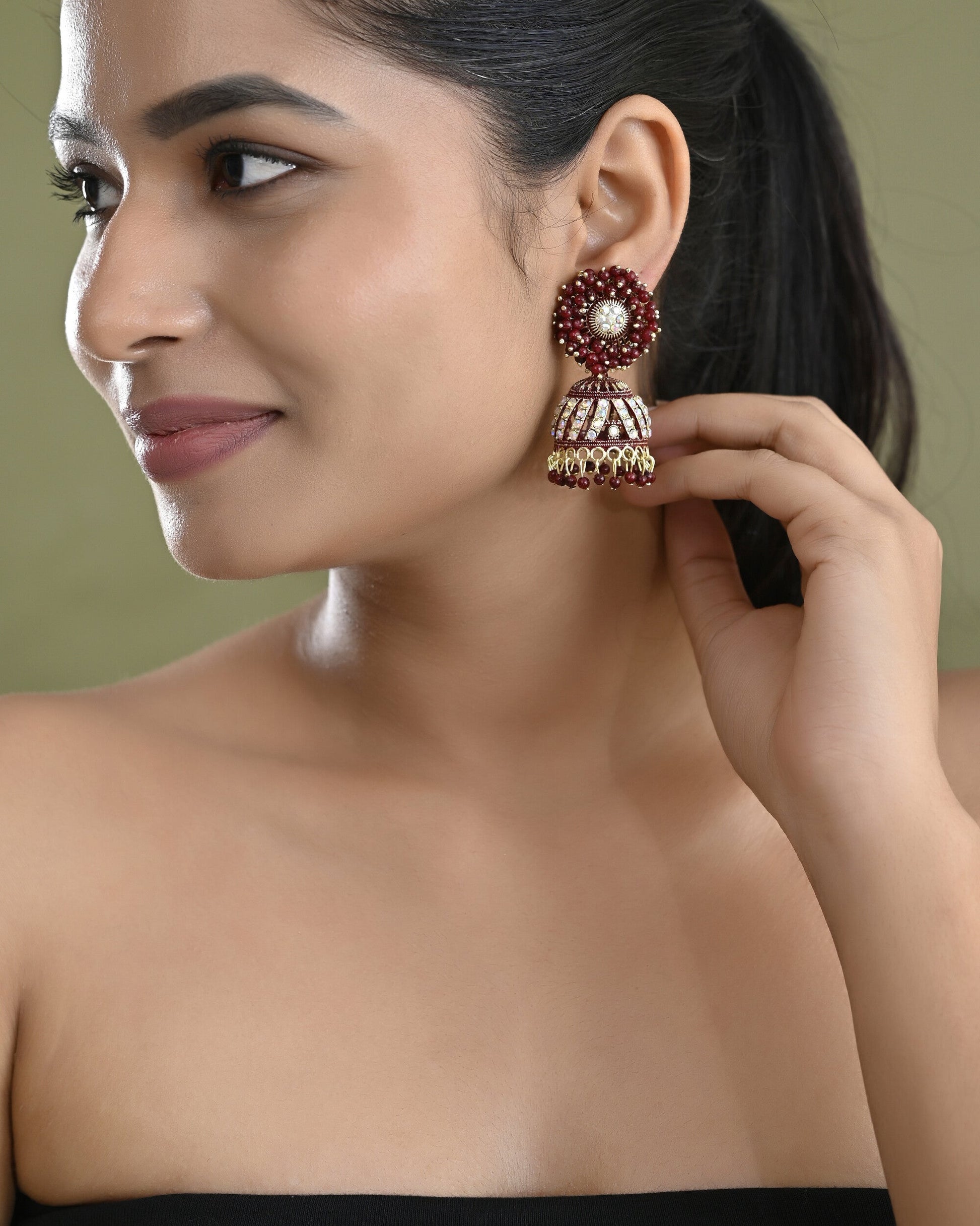 VOJ Marron Beads And Stone Studded Jhumka Earrings VOJ (Valley Of Jewellery)
