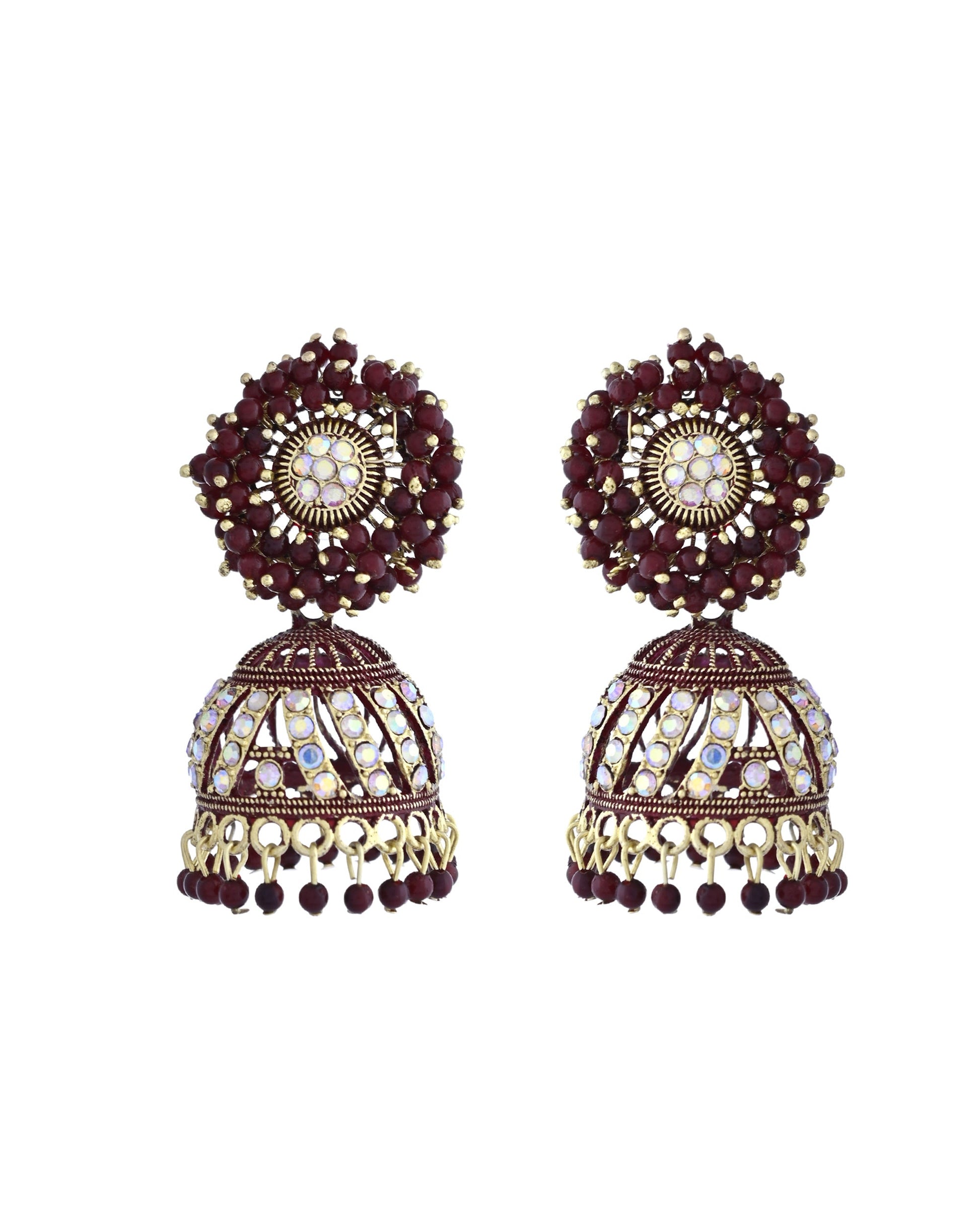 VOJ Marron Beads And Stone Studded Jhumka Earrings VOJ (Valley Of Jewellery)