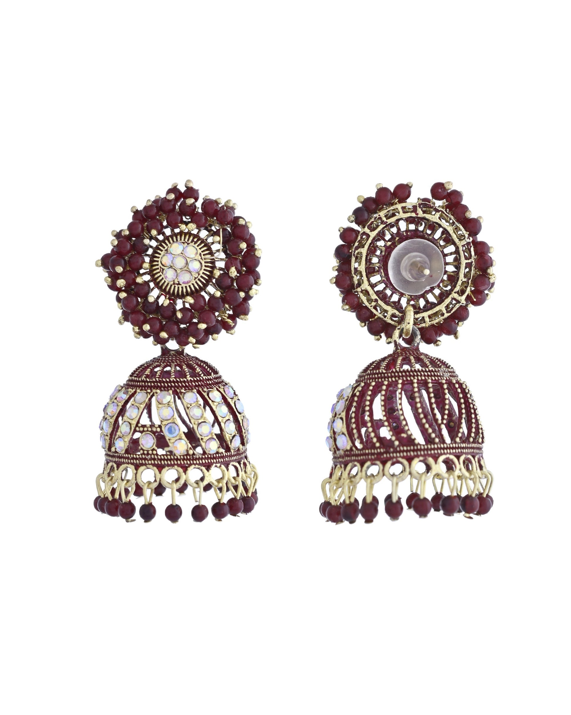 VOJ Marron Beads And Stone Studded Jhumka Earrings VOJ (Valley Of Jewellery)