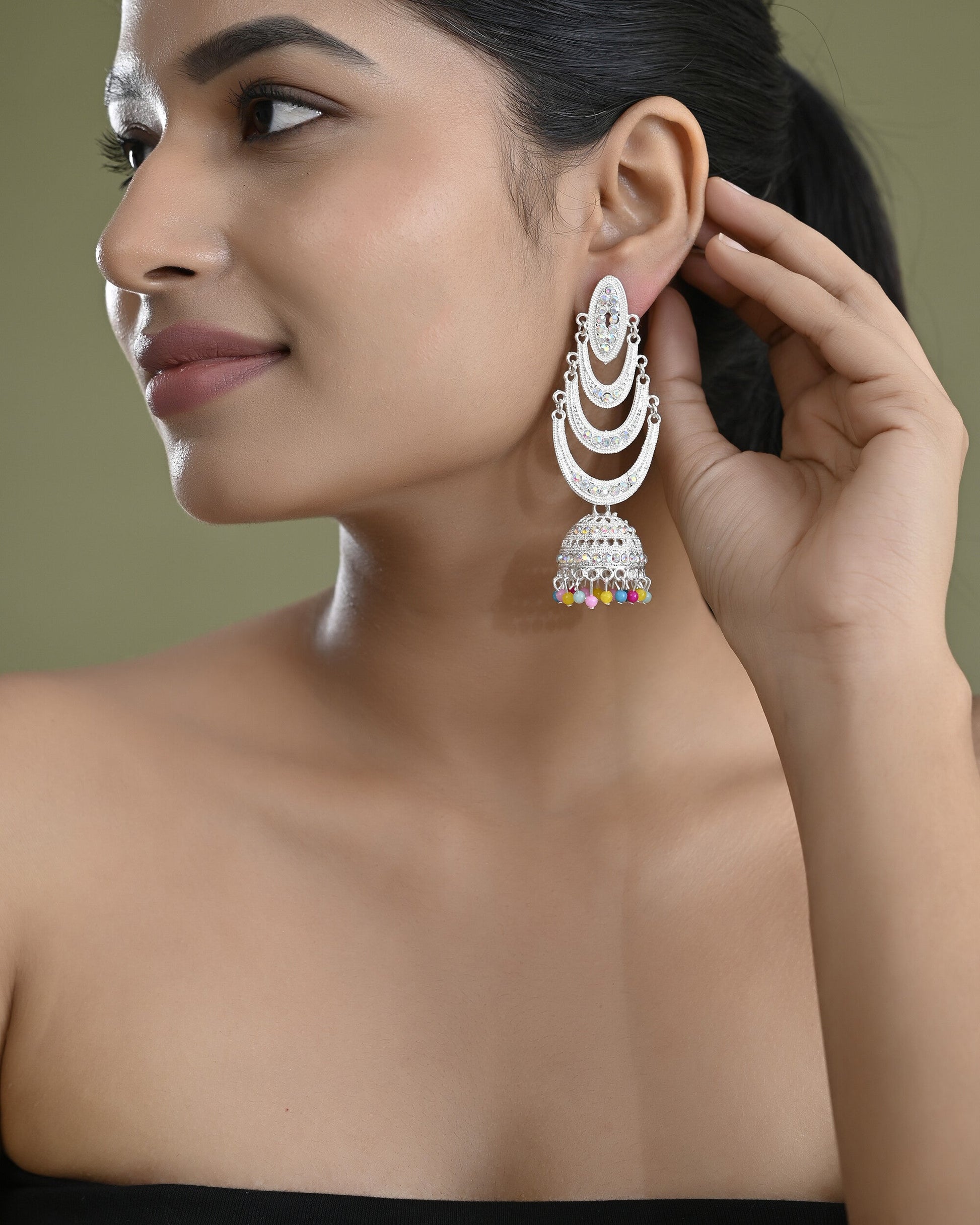 VOJ White Oxidized Mult Layer Chandbali Earrings VOJ (Valley Of Jewellery)
