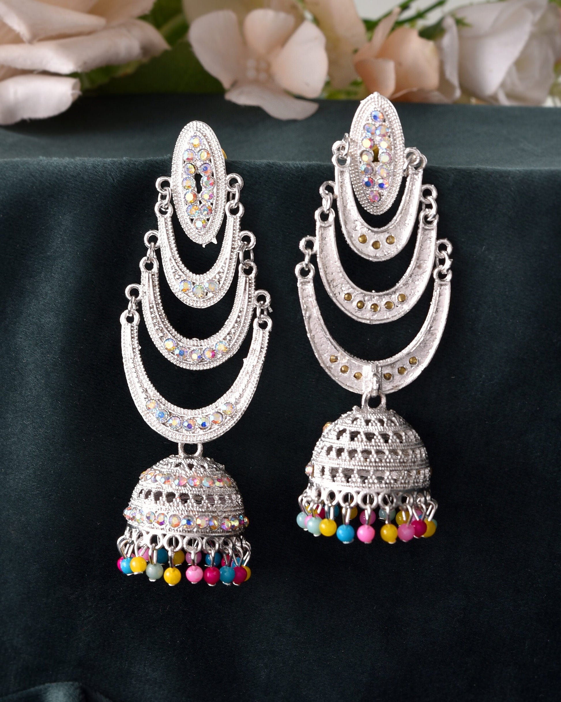 VOJ White Oxidized Mult Layer Chandbali Earrings VOJ (Valley Of Jewellery)