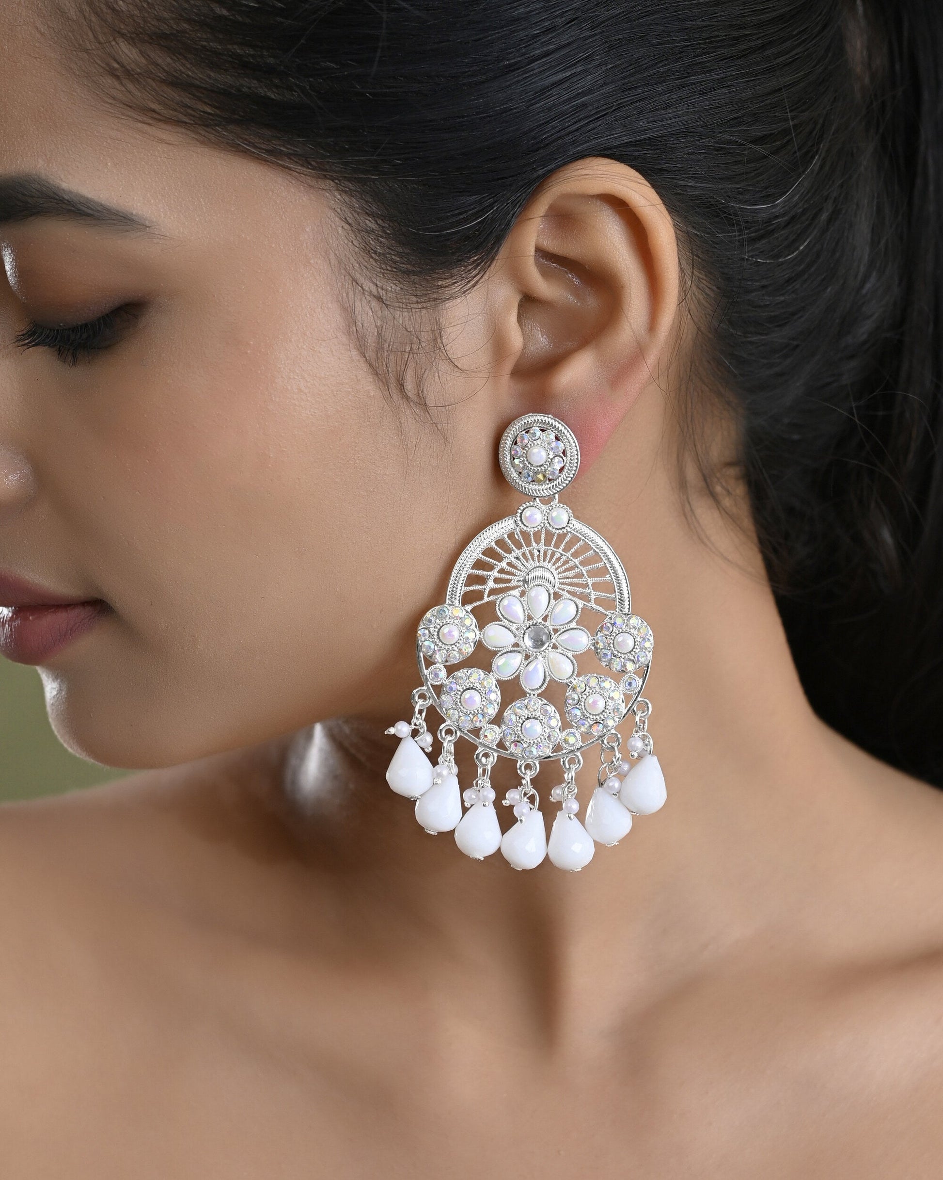 VOJ Elegent White Ethnic Chandbali Earrings With Pearl And Stone Earrings VOJ (Valley Of Jewellery)