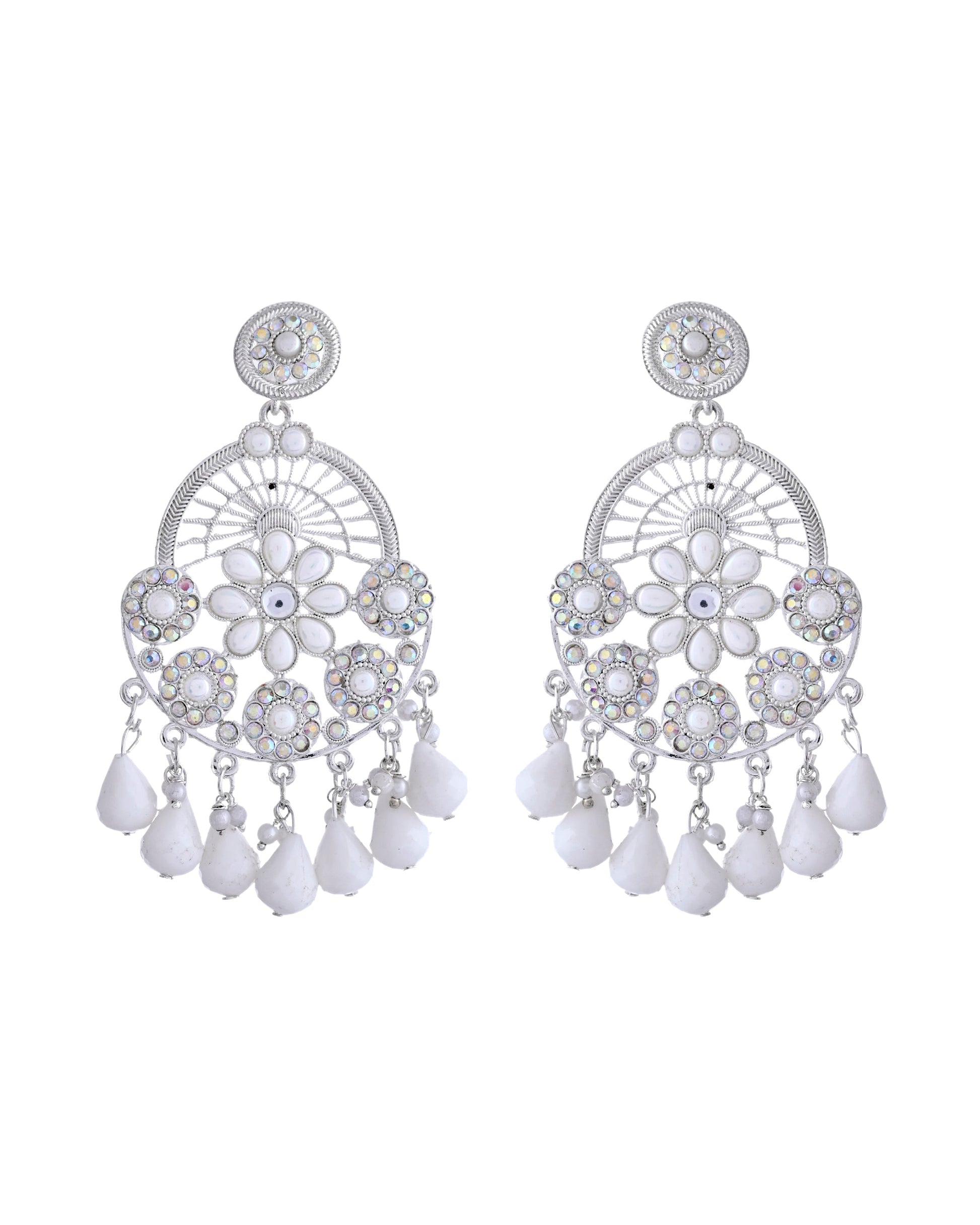 VOJ Elegent White Ethnic Chandbali Earrings With Pearl And Stone Earrings - Swadesiicart