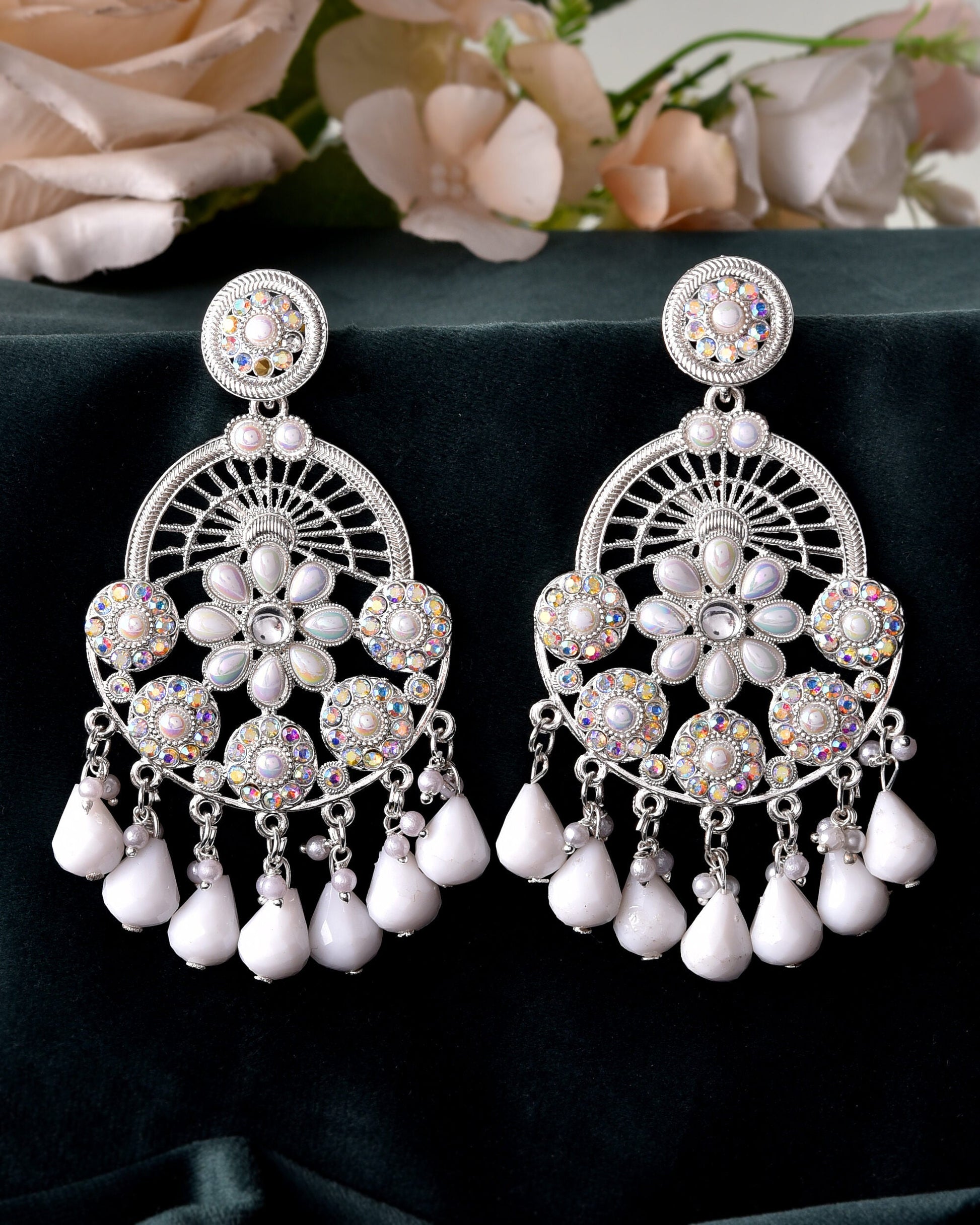 VOJ Elegent White Ethnic Chandbali Earrings With Pearl And Stone Earrings VOJ (Valley Of Jewellery)