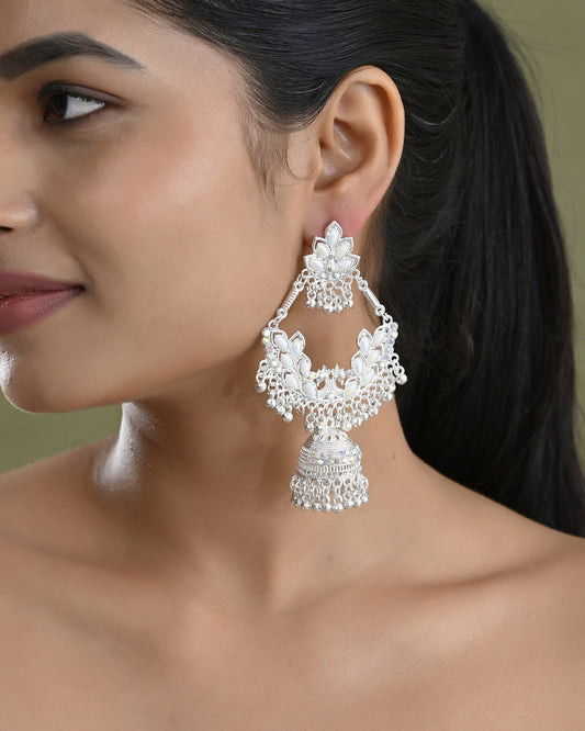VOJ Stunning White Oxidized Chandbali with Stone And Peral Detailing Earrings VOJ (Valley Of Jewellery)