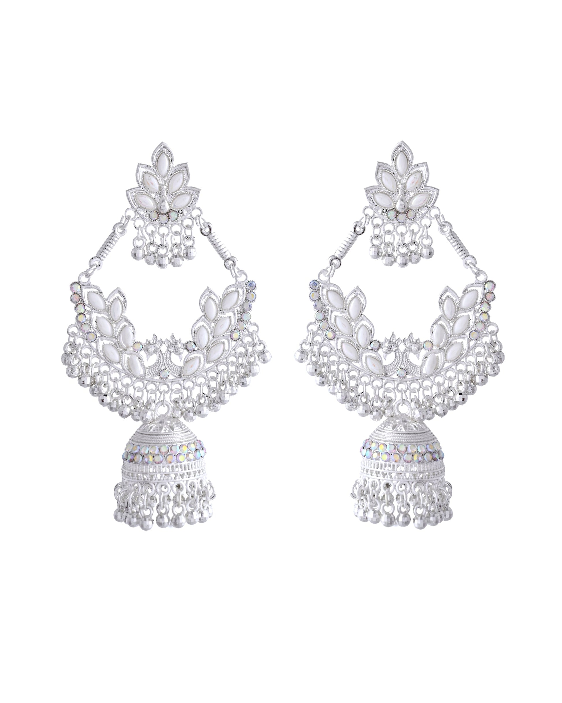 VOJ Stunning White Oxidized Chandbali with Stone And Peral Detailing Earrings VOJ (Valley Of Jewellery)