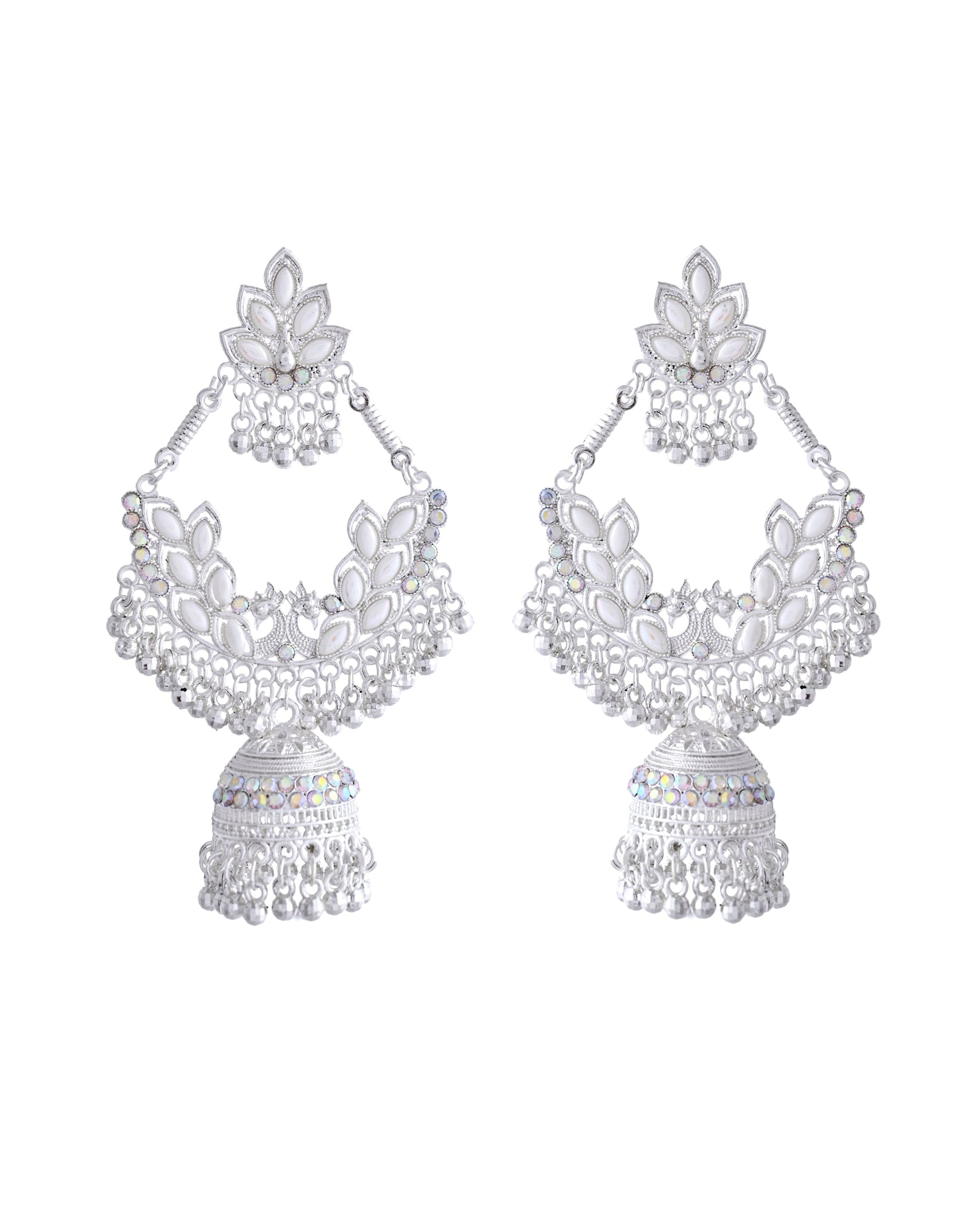 VOJ Stunning White Oxidized Chandbali with Stone And Peral Detailing Earrings - Swadesiicart