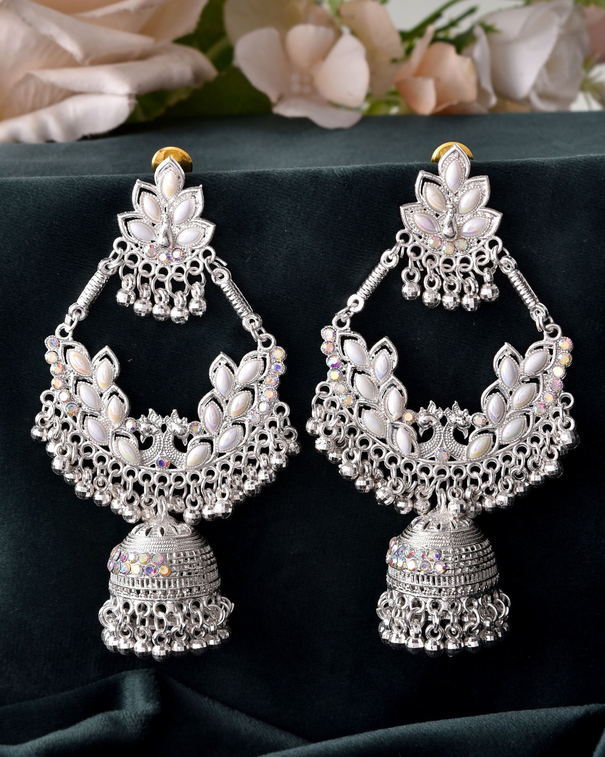 VOJ Stunning White Oxidized Chandbali with Stone And Peral Detailing Earrings VOJ (Valley Of Jewellery)